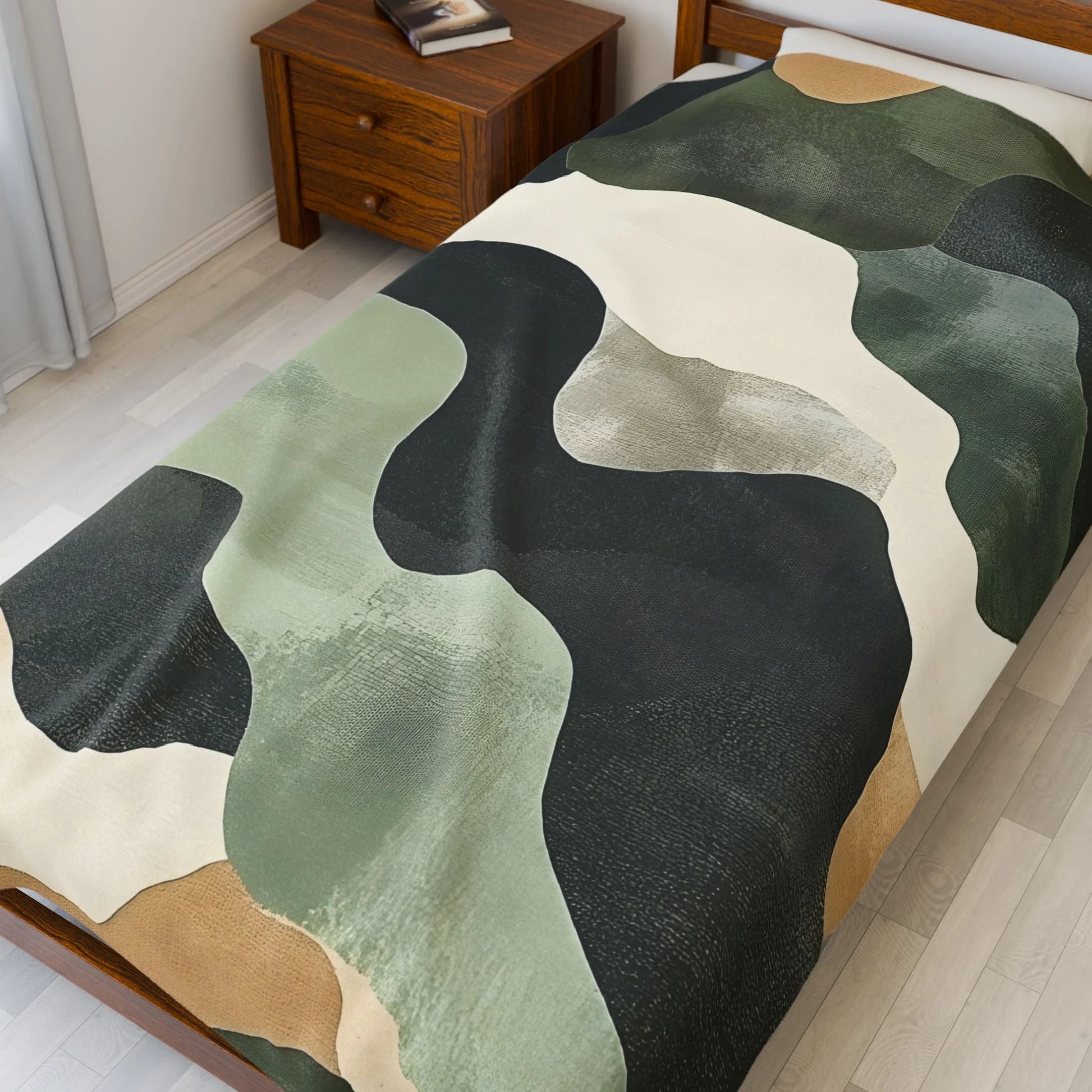 Velveteen Blanket Style Abstract Rug in Green Black Beige Waves, Artsulli - Art is Long, Life is Short, All Over Prints, , , , , , , 