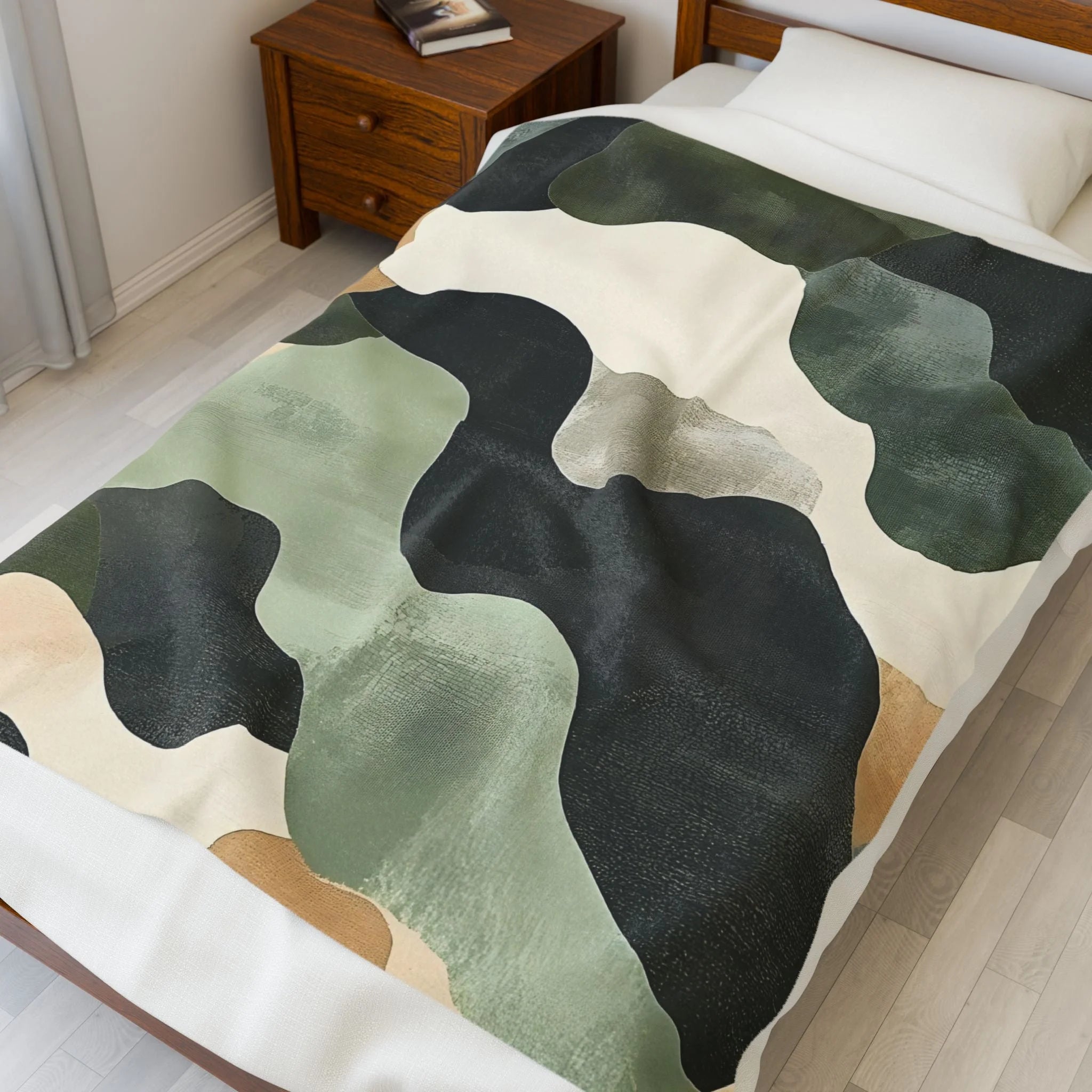 Velveteen Blanket Style Abstract Rug in Green Black Beige Waves, Artsulli - Art is Long, Life is Short, All Over Prints, , , , , , , 