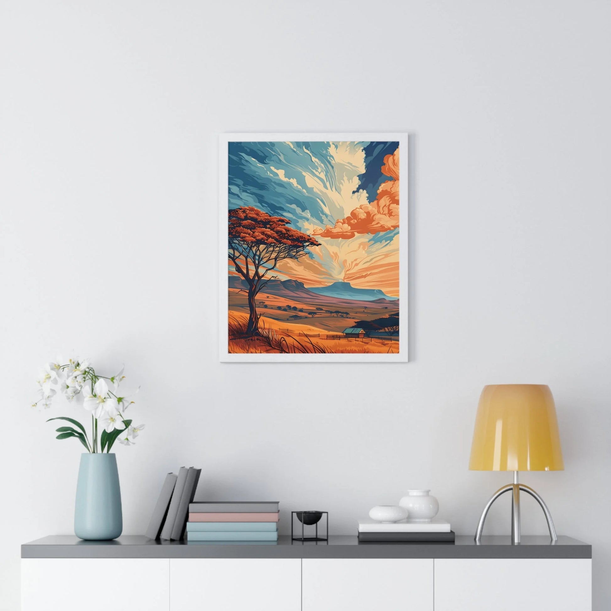 Buy The Best white framed landscape art print By Artsulli x Color Printify - Vibrant Sunset Tree Framed Landscape Poster - 2025