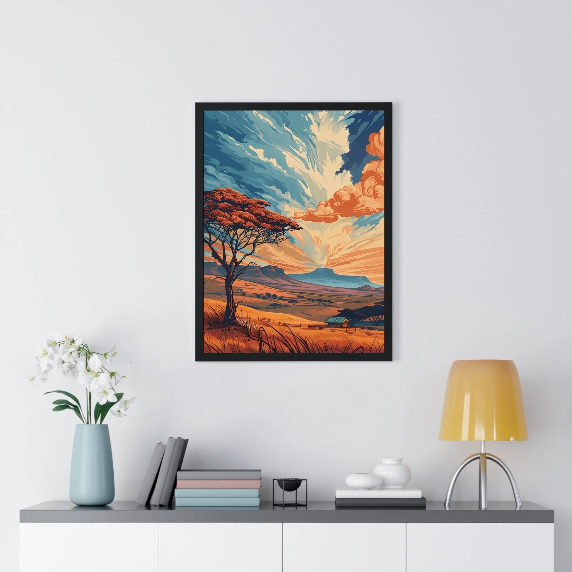 Buy The Best black framed landscape art print By Artsulli x Color Printify - Vibrant Sunset Tree Framed Landscape Poster - 2025