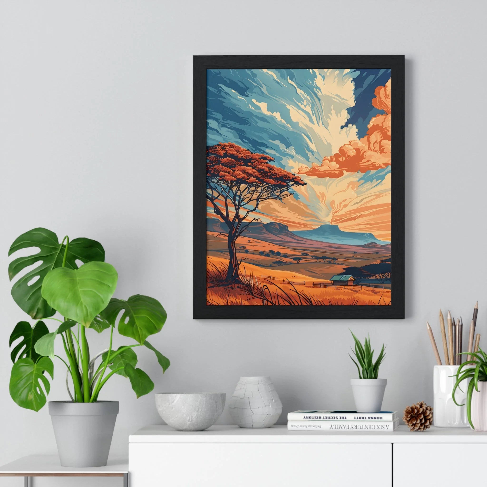 Buy The Best black framed landscape art print By Artsulli x Color Printify - Vibrant Sunset Tree Framed Landscape Poster - 2025