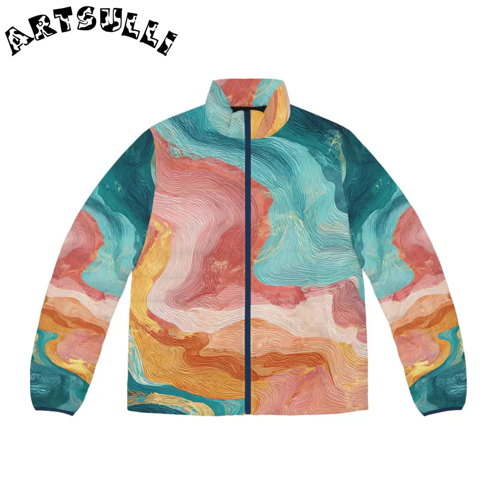 Vibrant Abstract Puffer Jacket, Artsulli - Art is Long, Life is Short, All Over Prints, Size, S, Color, Dark blue zipper, , , 19066952867196162882