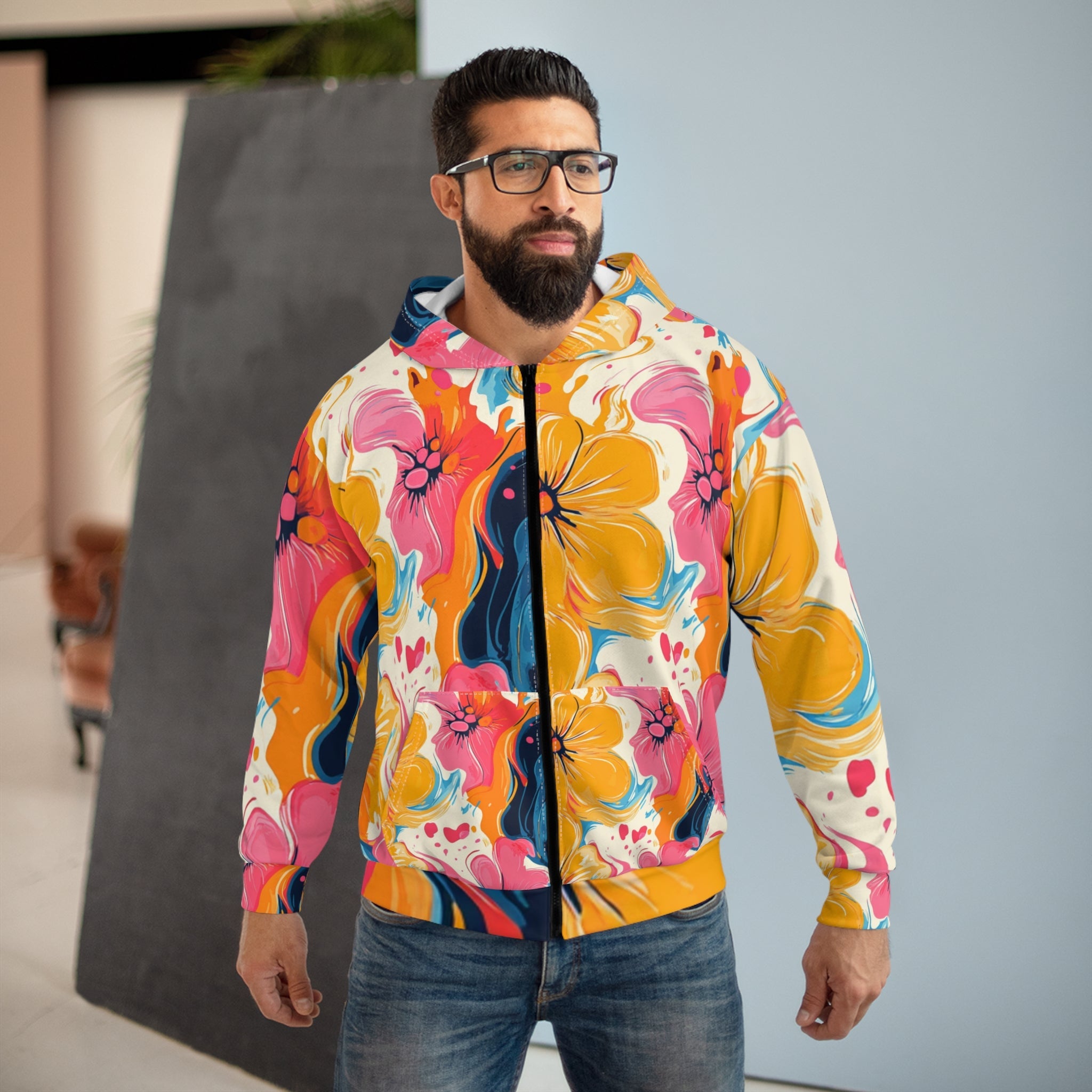 Vibrant Floral Abstract Zip Hoodie, Artsulli - Art is Long, Life is Short, All Over Prints, , , , , , , 
