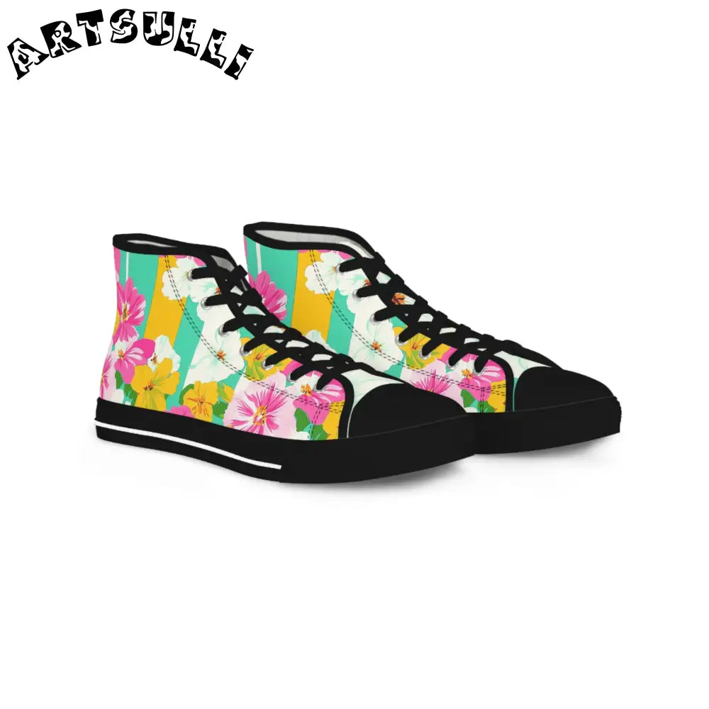 Vibrant Floral and Stripe Canvas High Tops, Artsulli - Art is Long, Life is Short, Shoes, Size, US 5, Color, Black sole, , , 14768693440738592886