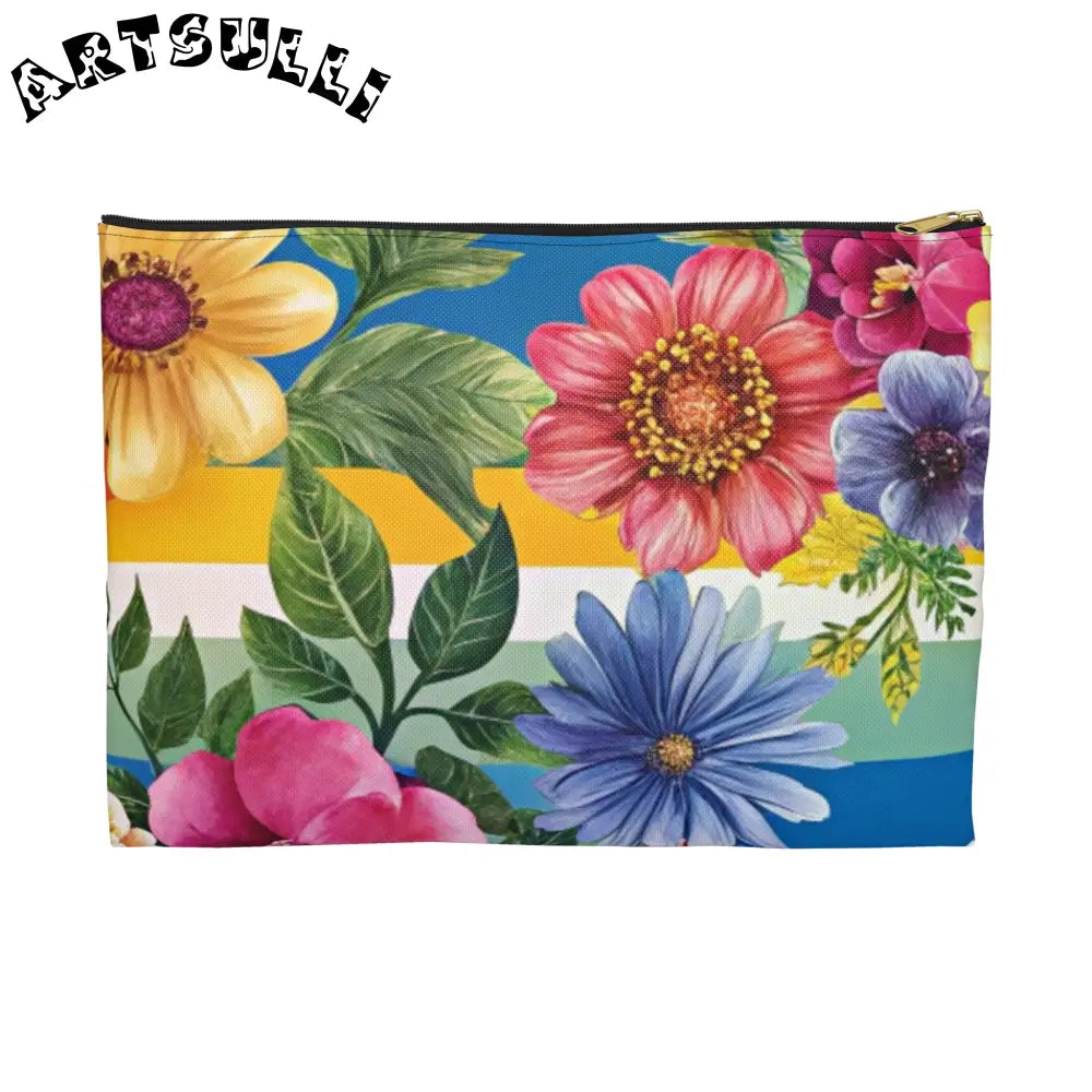 Vibrant Floral and Stripe Pouch, Artsulli - Art is Long, Life is Short, Bags, Size, Large, Color, Black zipper, , , 64546904243548785862