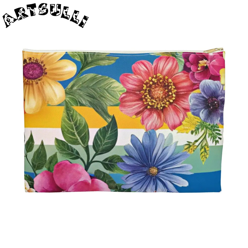 Vibrant Floral and Stripe Pouch, Artsulli - Art is Long, Life is Short, Bags, Size, Large, Color, White zipper, , , 14963601035741327878