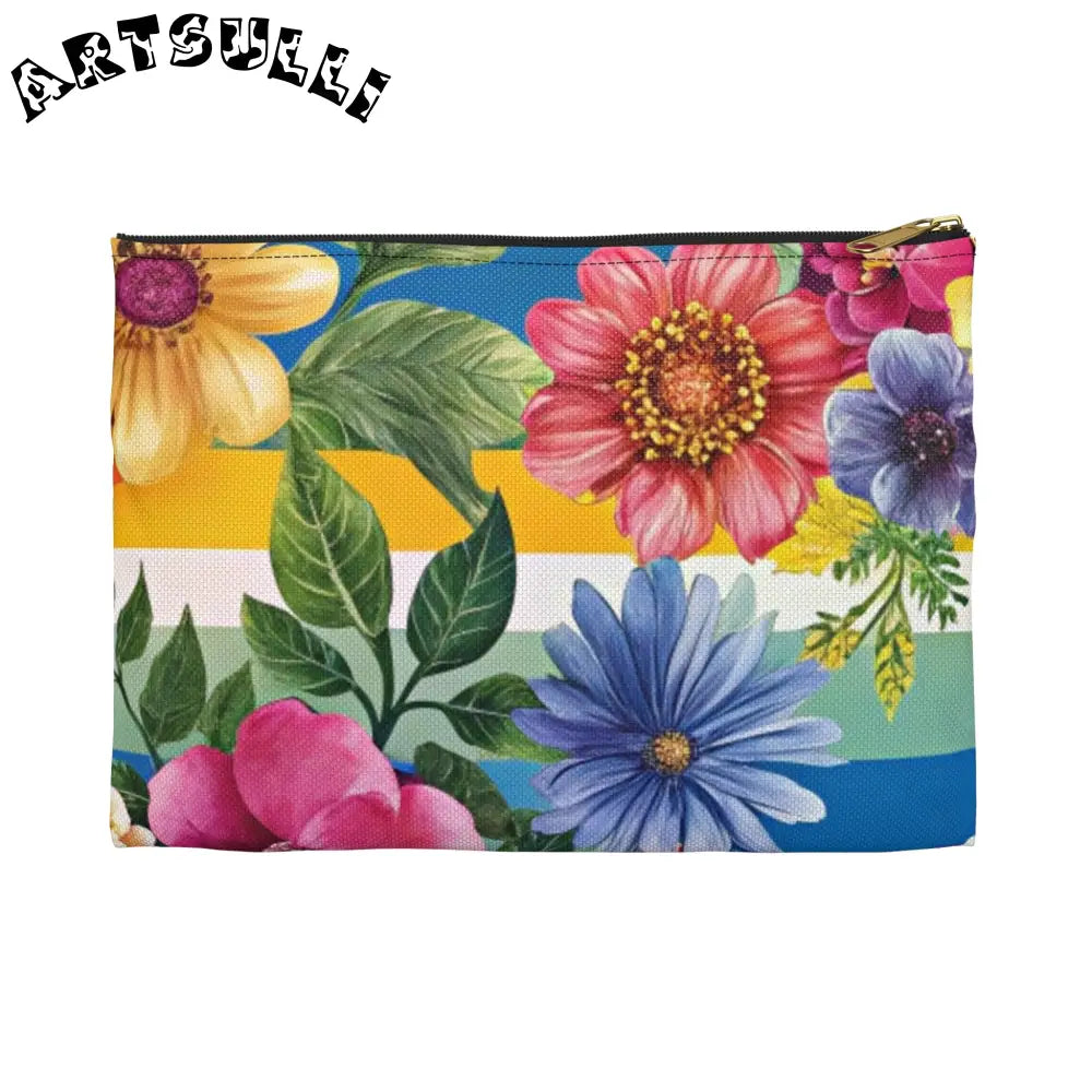 Vibrant Floral and Stripe Pouch, Artsulli - Art is Long, Life is Short, Bags, Size, Small, Color, Black zipper, , , 11096172042738880740