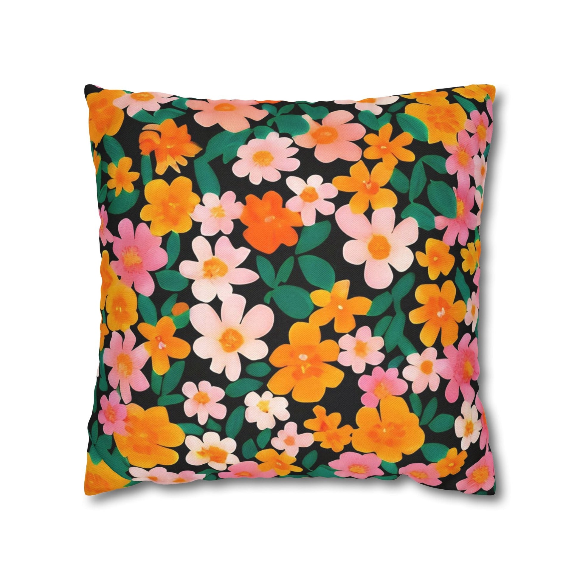 Vibrant Floral Black Throw Pillow, Artsulli - Art is Long, Life is Short, Home Decor, Size, 18" × 18", , , , , 73470248618571053430