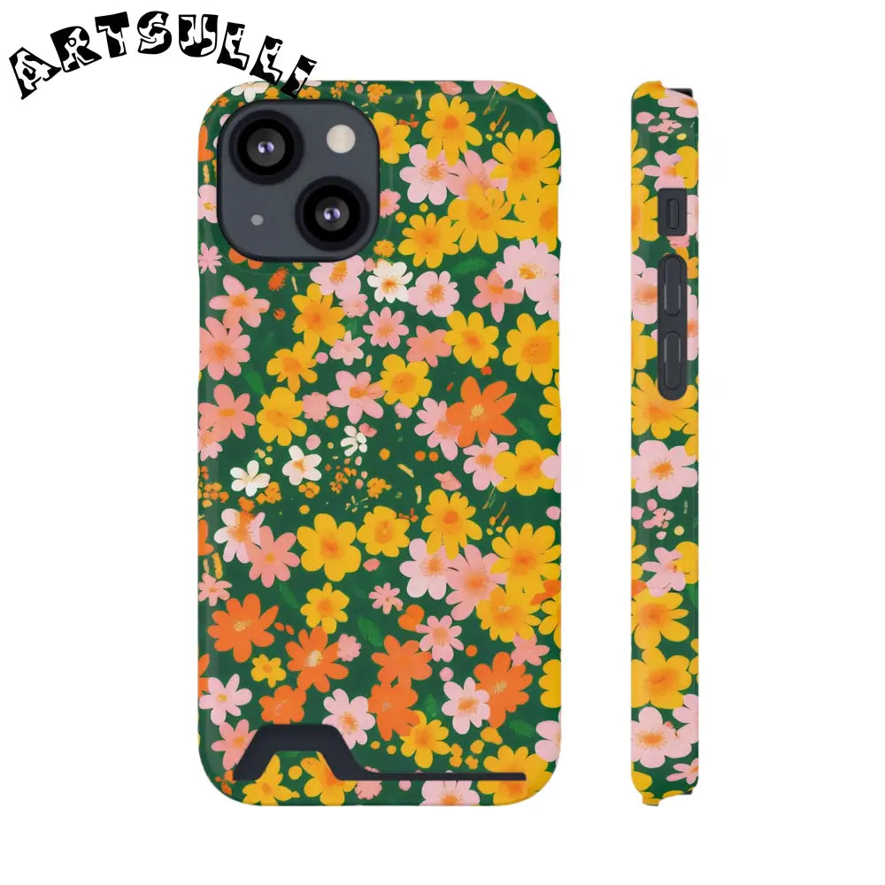 Vibrant Floral Cardholder Phone Case, Artsulli - Art is Long, Life is Short, Phone Case, Size, iPhone 13 Mini, Surface, Glossy, Shape, Without gift packaging, 30445863343764181467