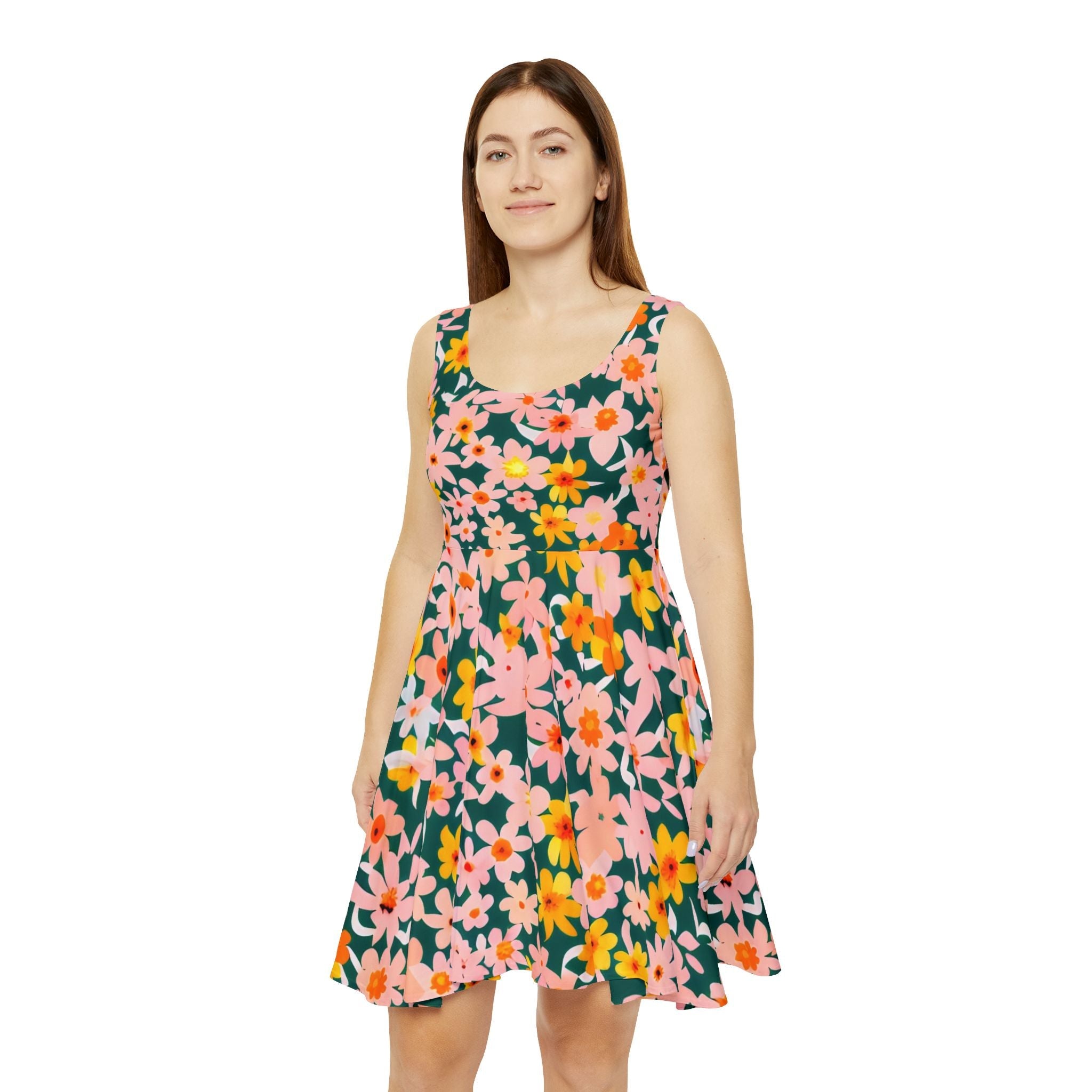 Vibrant Floral Dark Green Skater Dress, Artsulli - Art is Long, Life is Short, All Over Prints, , , , , , , 