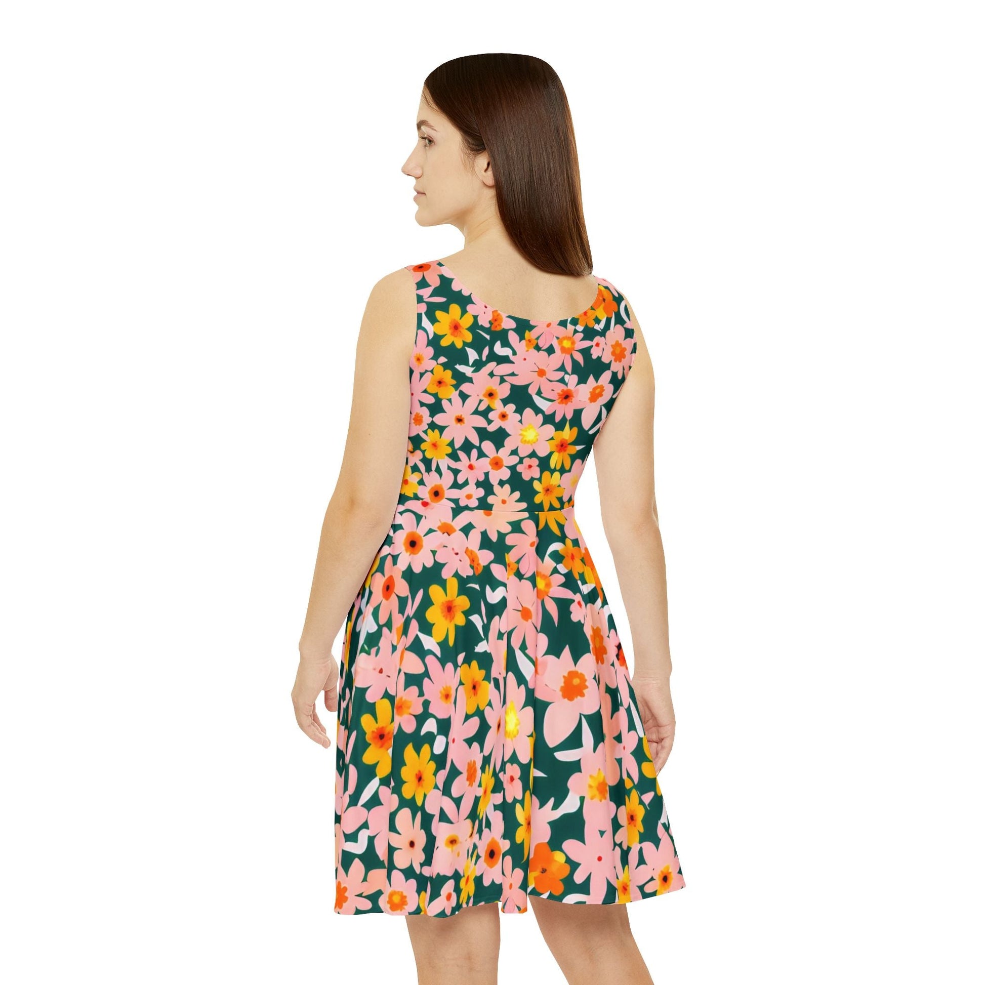 Vibrant Floral Dark Green Skater Dress, Artsulli - Art is Long, Life is Short, All Over Prints, , , , , , , 