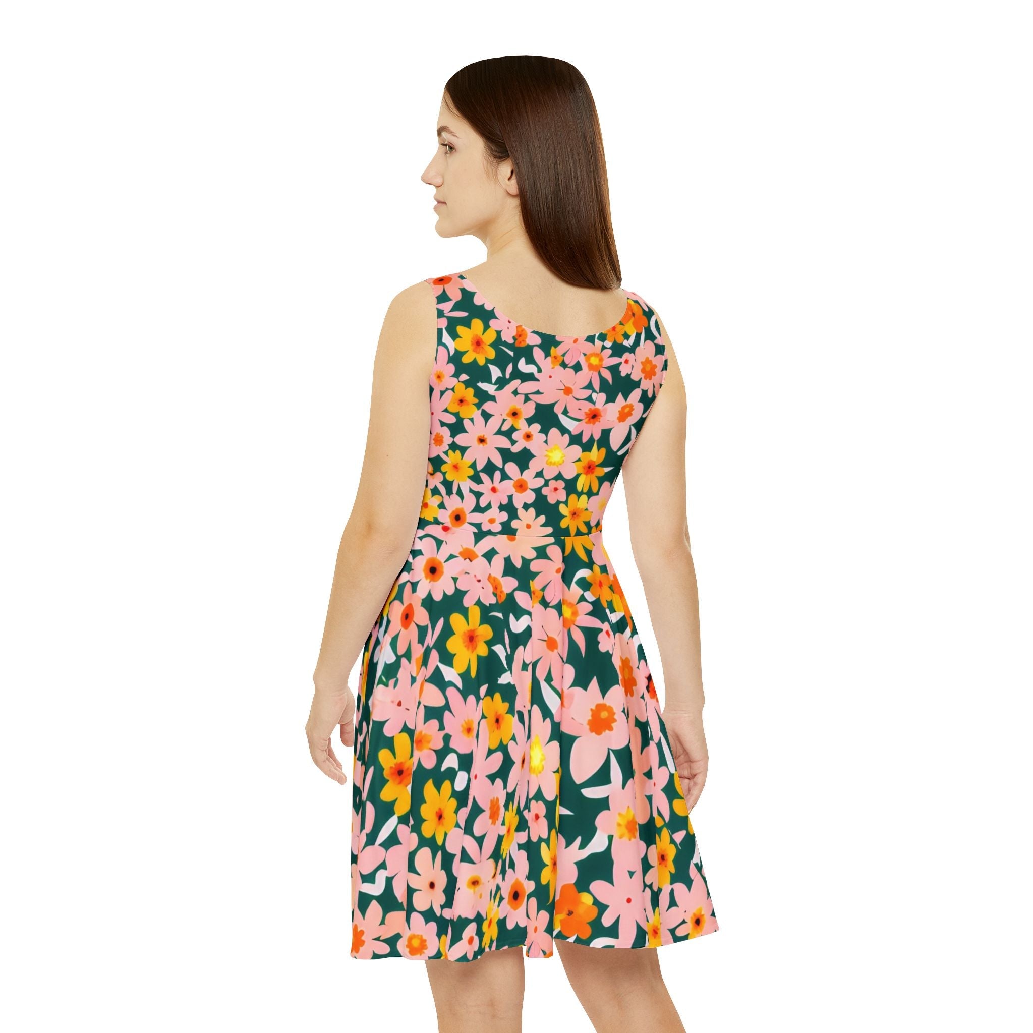 Vibrant Floral Dark Green Skater Dress, Artsulli - Art is Long, Life is Short, All Over Prints, , , , , , , 