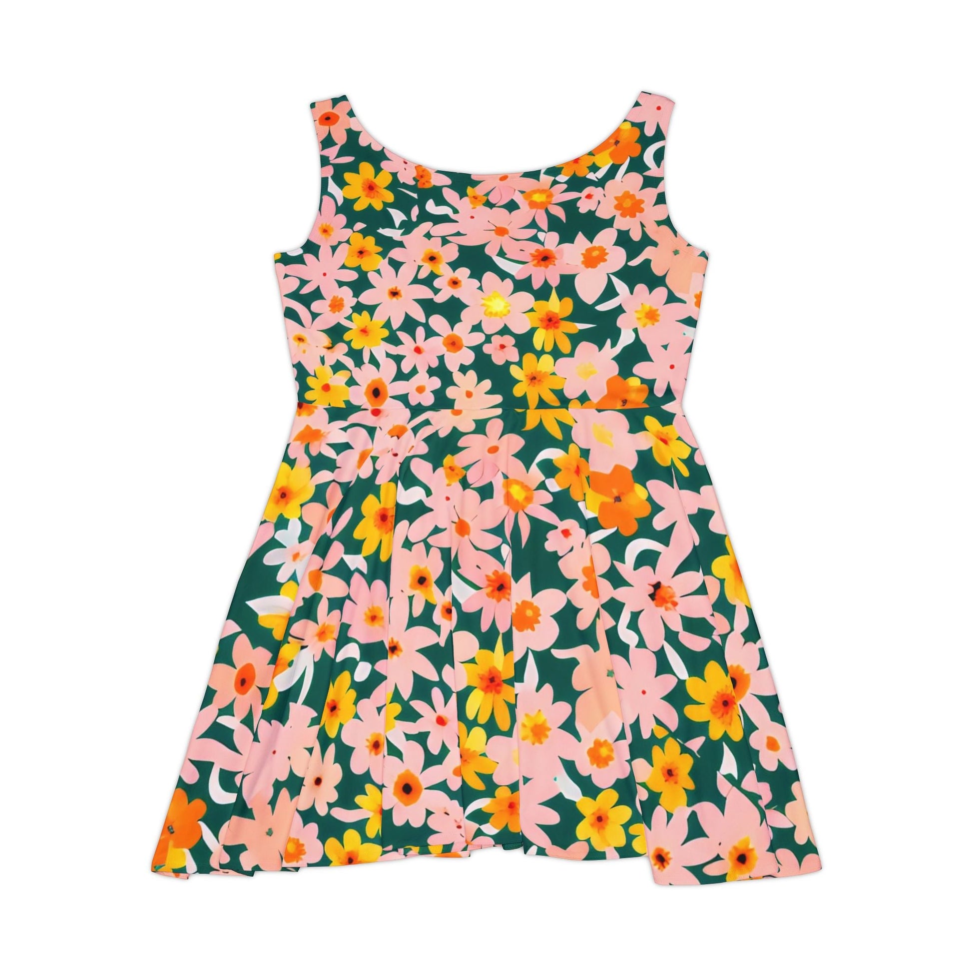 Vibrant Floral Dark Green Skater Dress, Artsulli - Art is Long, Life is Short, All Over Prints, , , , , , , 