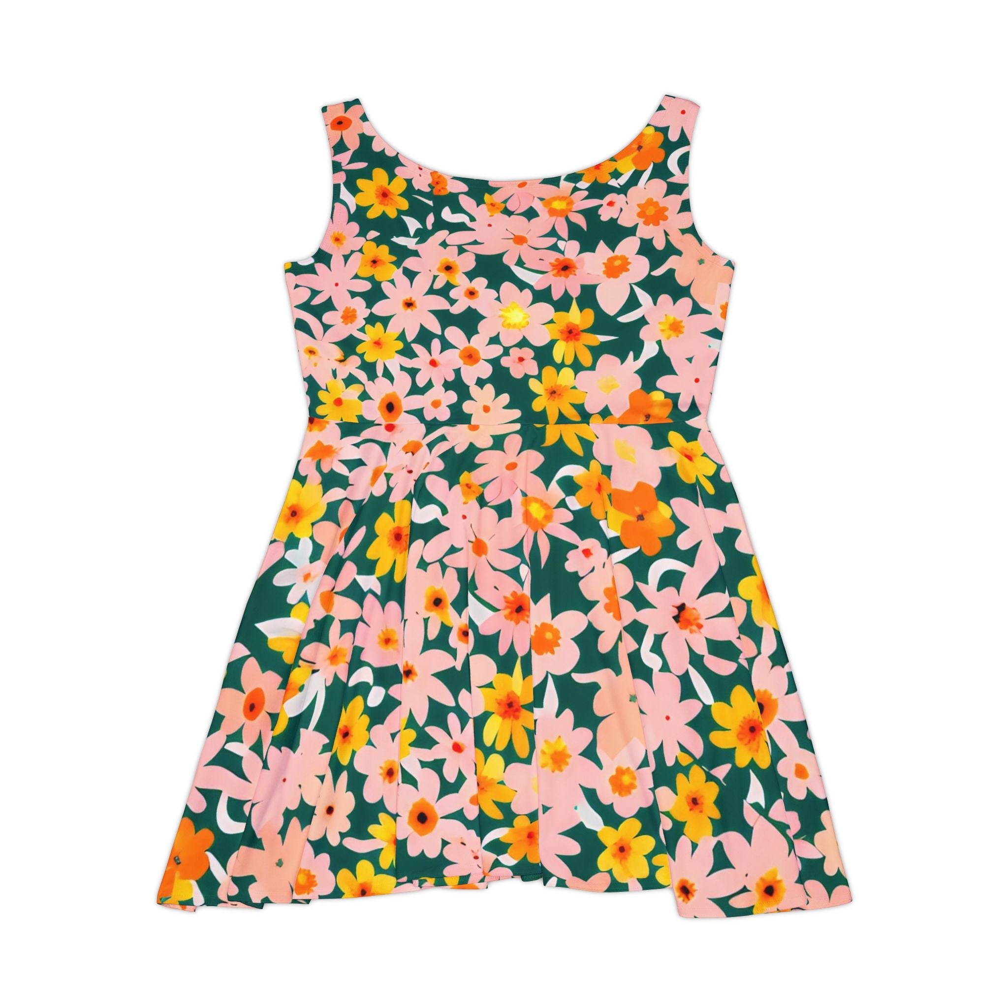 Vibrant Floral Dark Green Skater Dress, Artsulli - Art is Long, Life is Short, All Over Prints, , , , , , , 