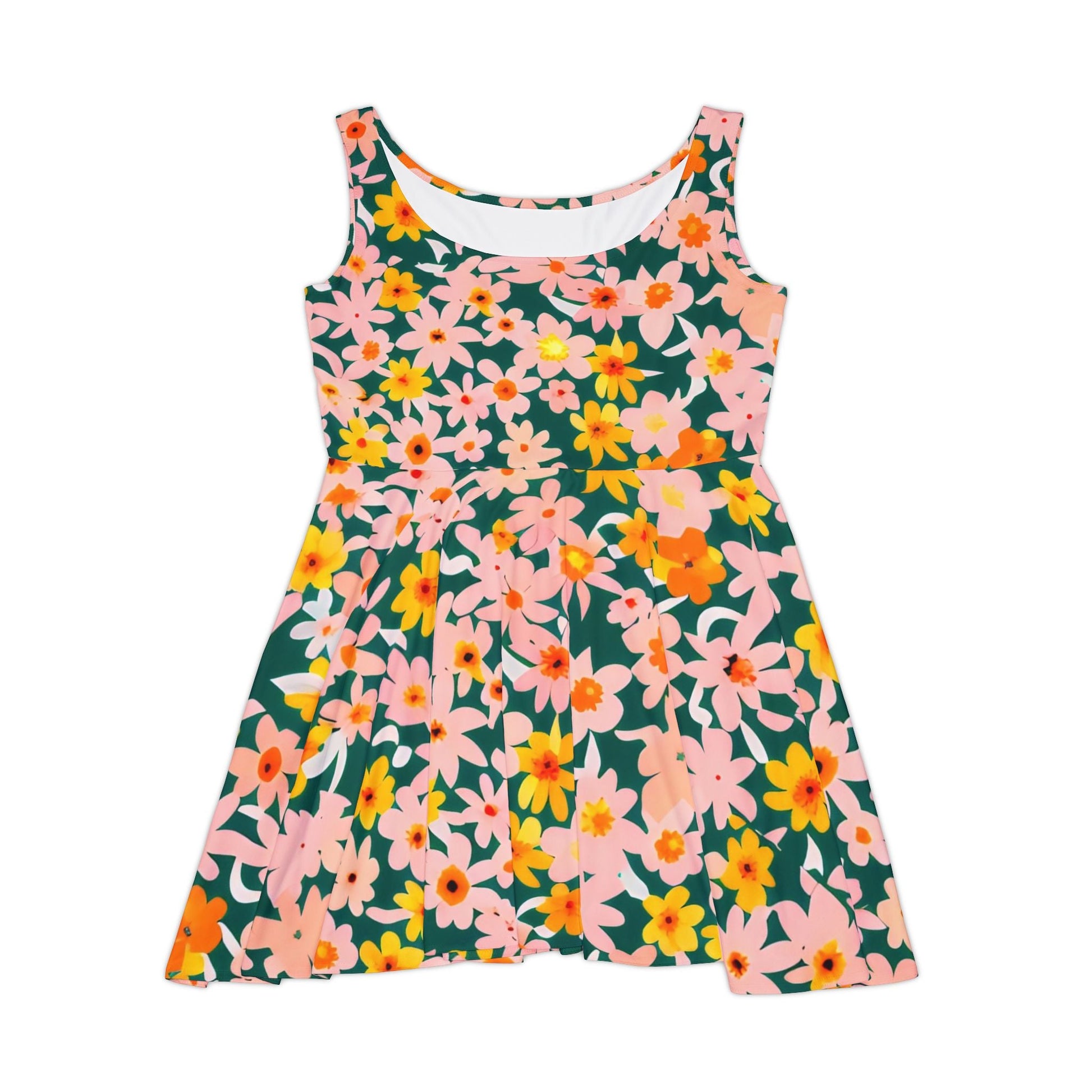 Vibrant Floral Dark Green Skater Dress, Artsulli - Art is Long, Life is Short, All Over Prints, Size, XS, , , , , 28433357961387508815