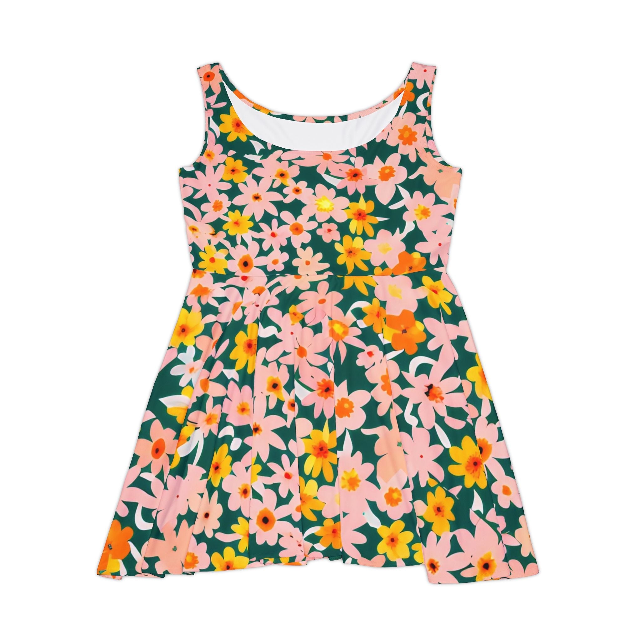 Vibrant Floral Dark Green Skater Dress, Artsulli - Art is Long, Life is Short, All Over Prints, Size, XS, , , , , 28433357961387508815