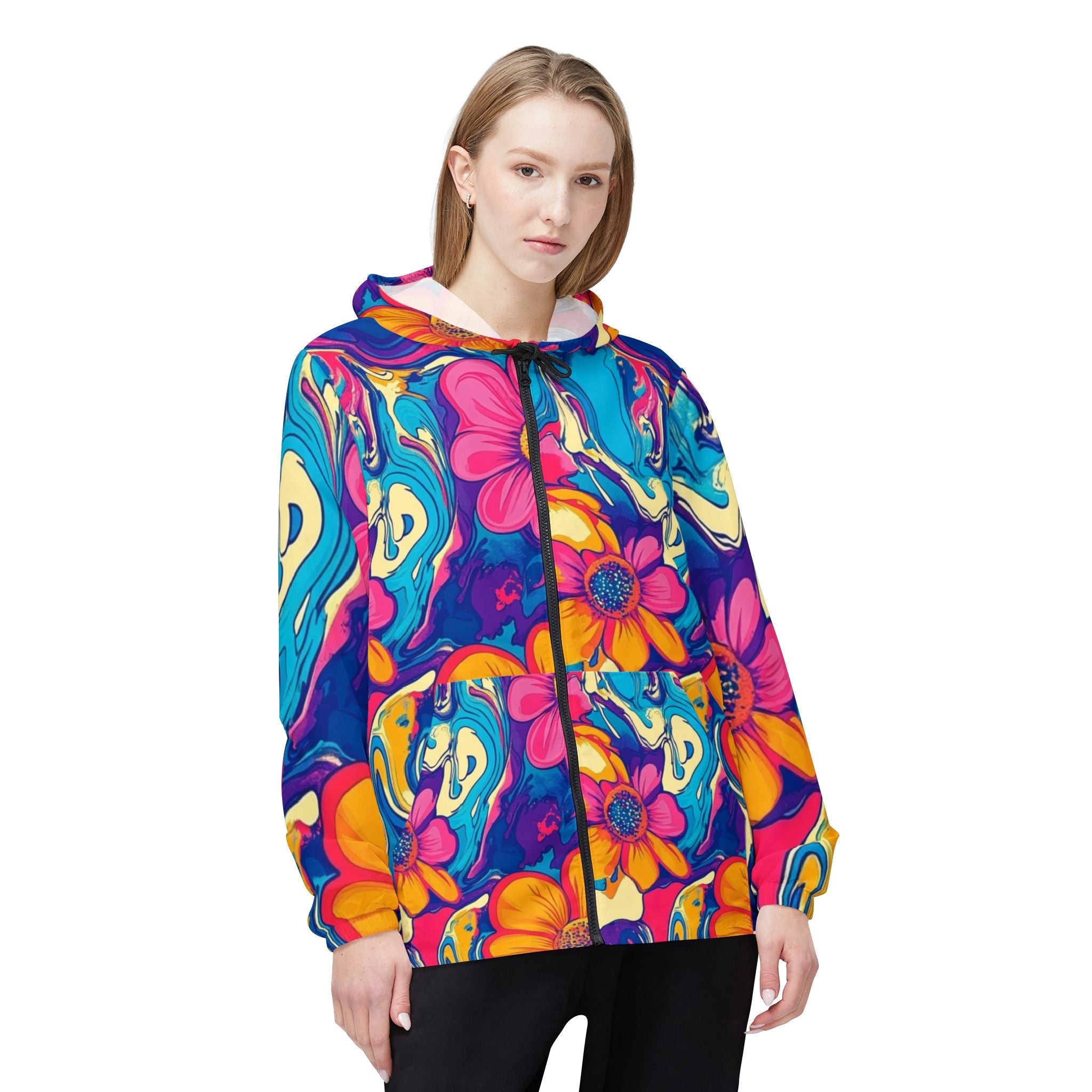 Vibrant Floral Pattern Windbreaker Jacket, Artsulli - Art is Long, Life is Short, Outerwear, , , , , , , 