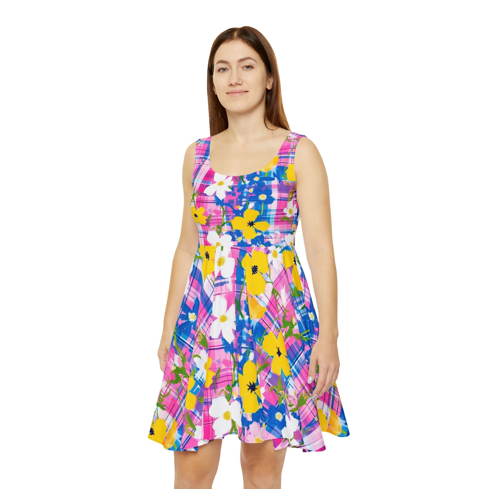 Vibrant Floral Plaid Skater Dress, Artsulli - Art is Long, Life is Short, All Over Prints, , , , , , , 