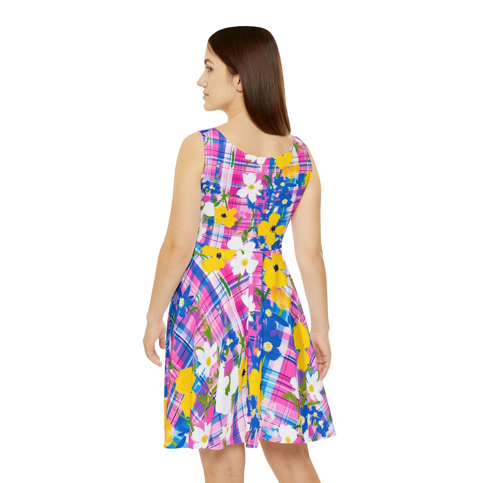 Vibrant Floral Plaid Skater Dress, Artsulli - Art is Long, Life is Short, All Over Prints, , , , , , , 