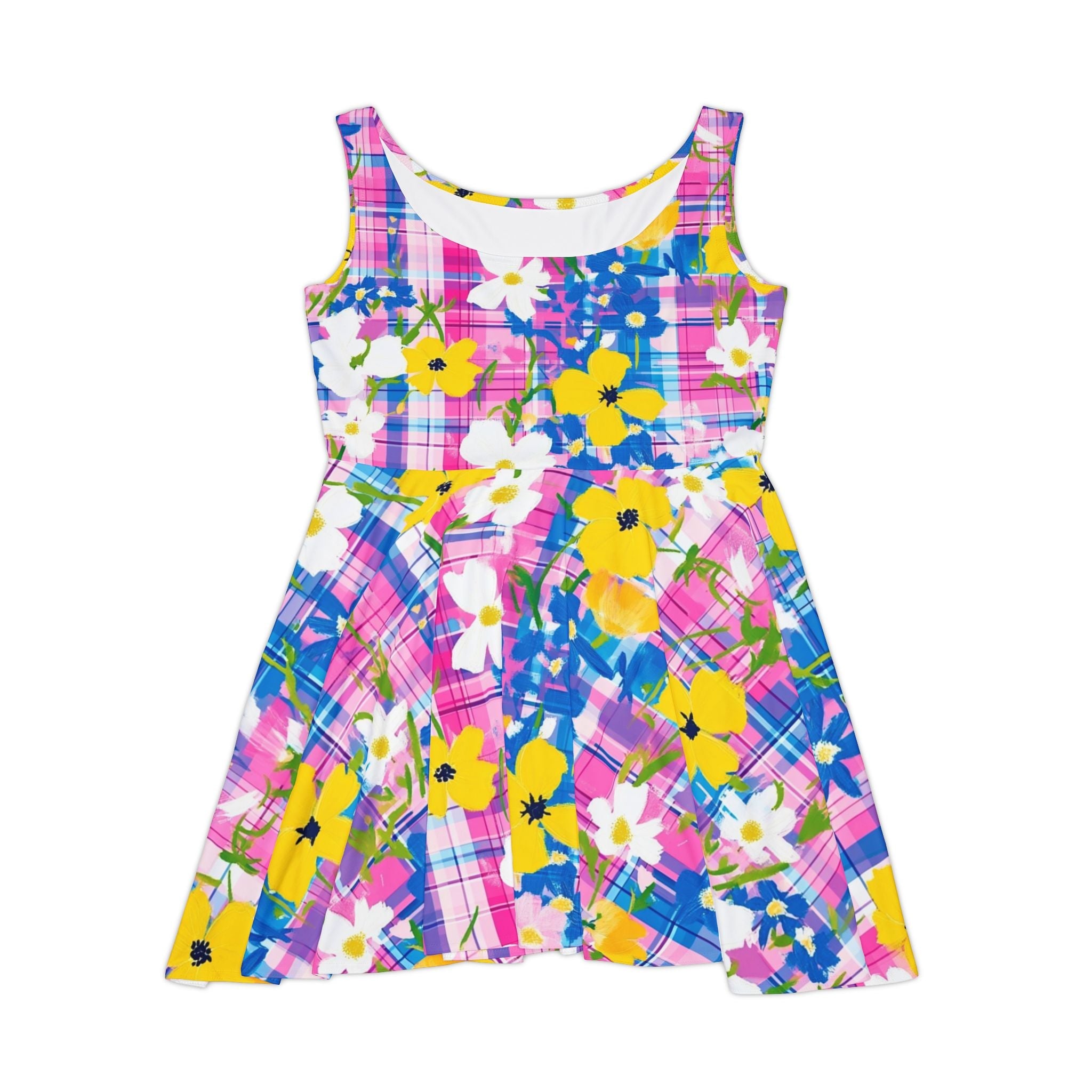 Vibrant Floral Plaid Skater Dress, Artsulli - Art is Long, Life is Short, All Over Prints, Size, XS, , , , , 62578955167083155614