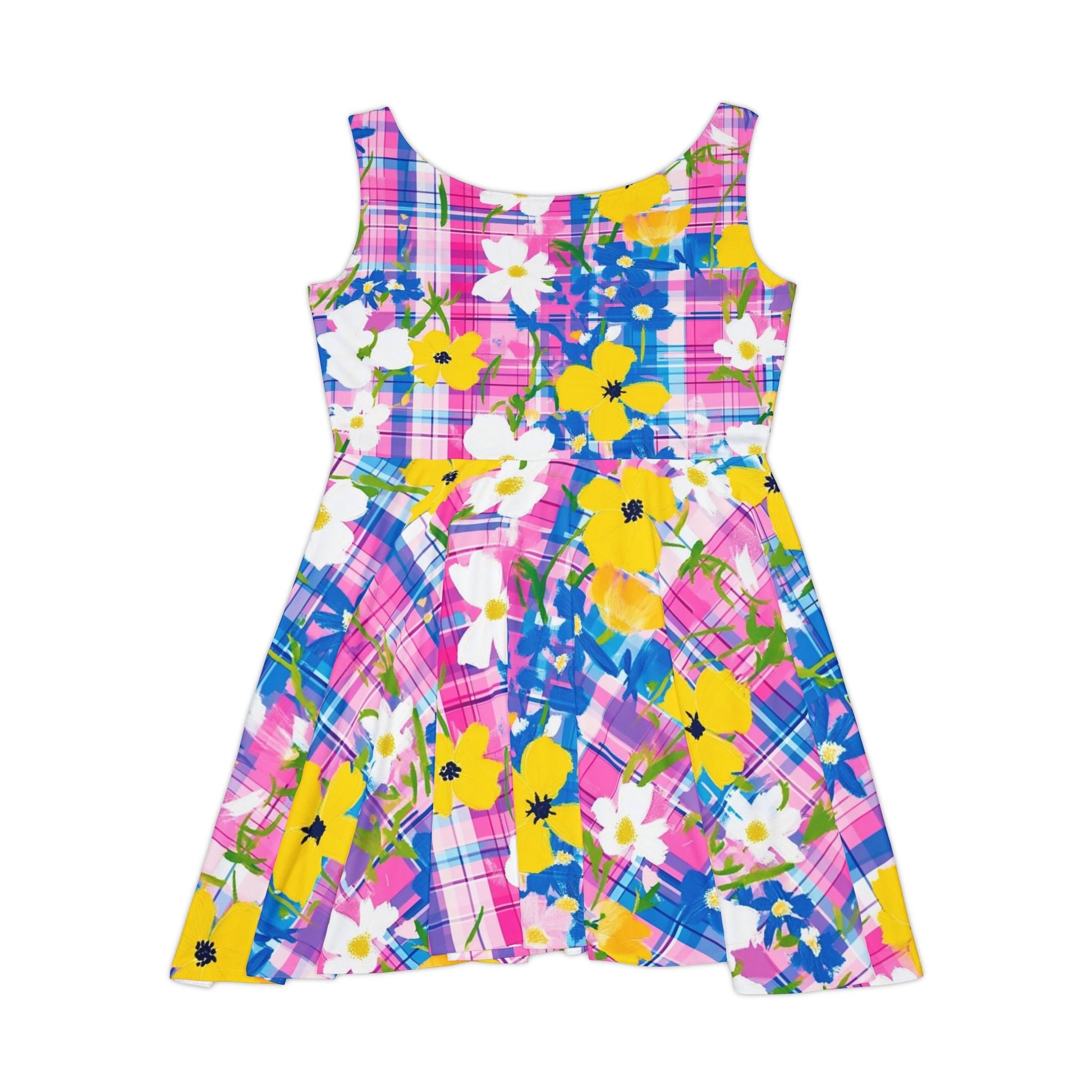Vibrant Floral Plaid Skater Dress, Artsulli - Art is Long, Life is Short, All Over Prints, , , , , , , 
