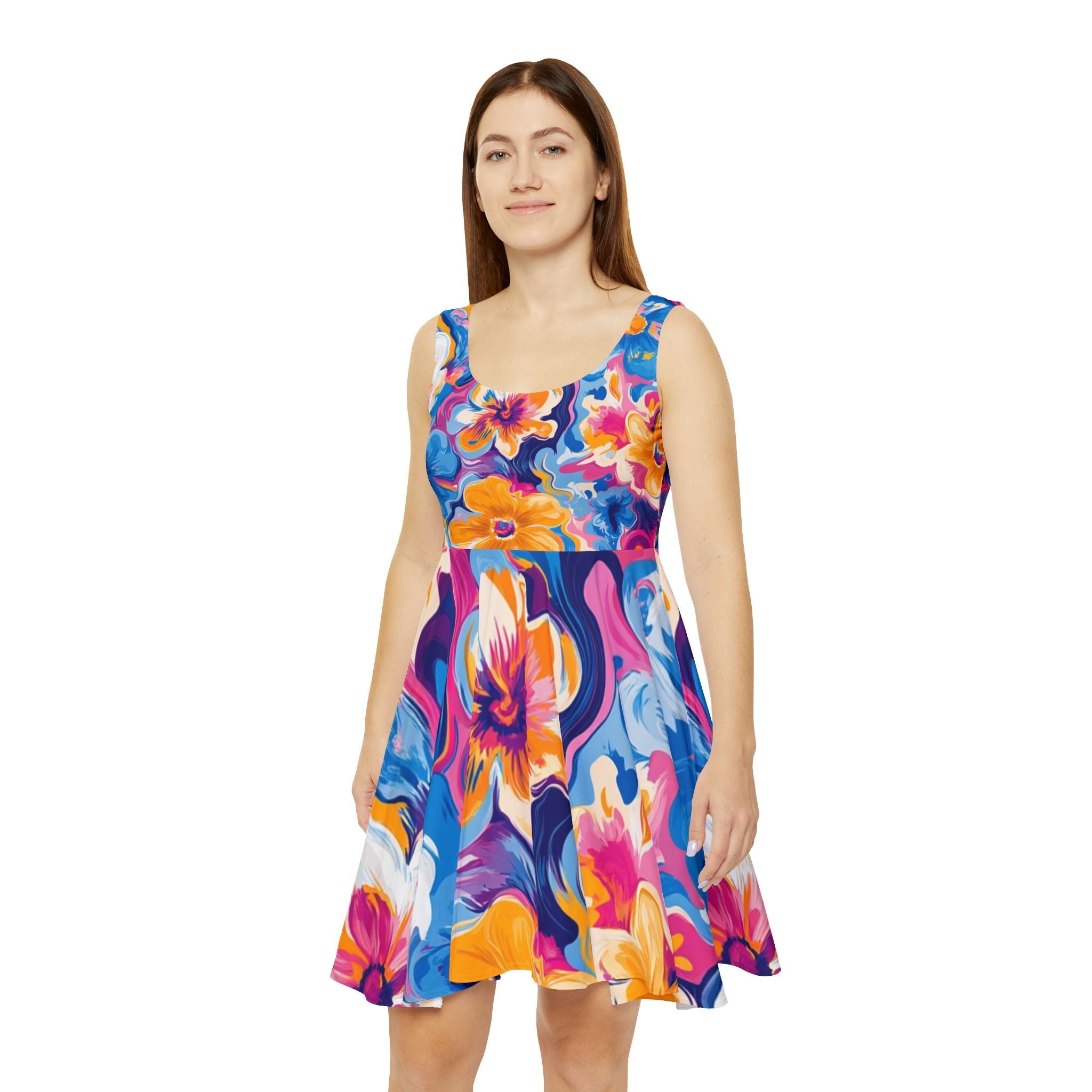 Vibrant Floral Print Skater Dress, Artsulli - Art is Long, Life is Short, All Over Prints, , , , , , , 