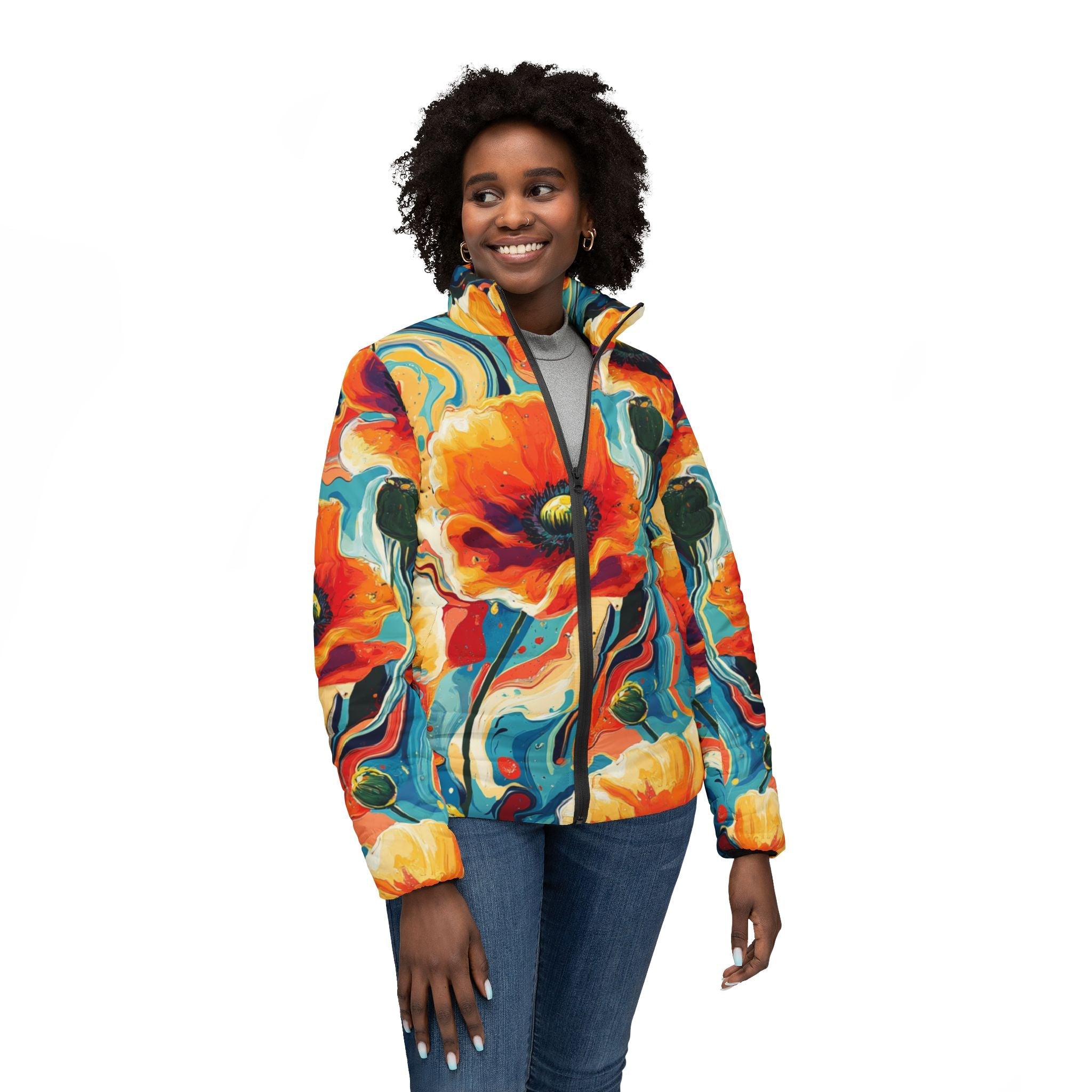 Vibrant Floral Puffer Jacket, Artsulli - Art is Long, Life is Short, All Over Prints, , , , , , , 