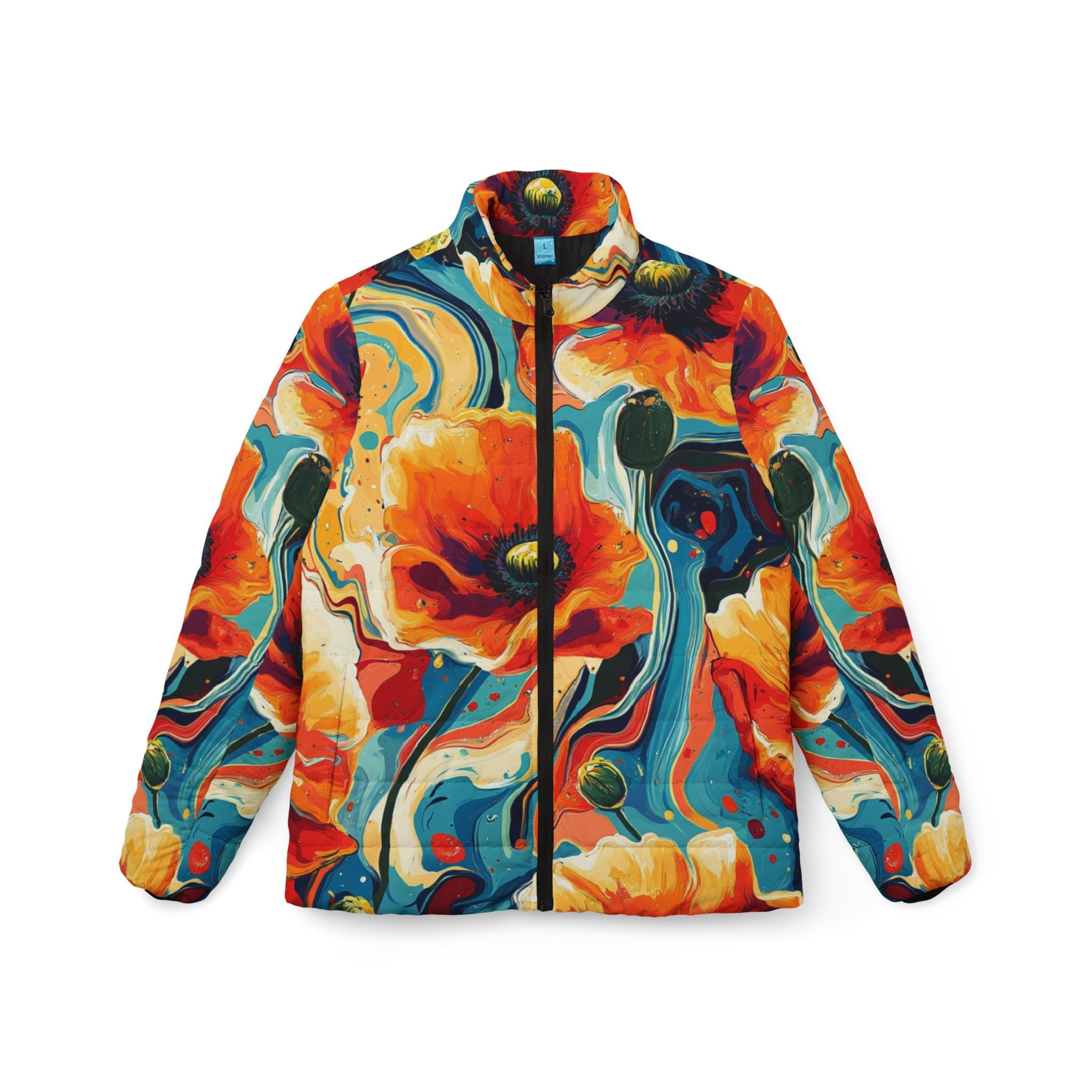 Vibrant Floral Puffer Jacket, Artsulli - Art is Long, Life is Short, All Over Prints, Size, XS, , , , , 13005216017429920715