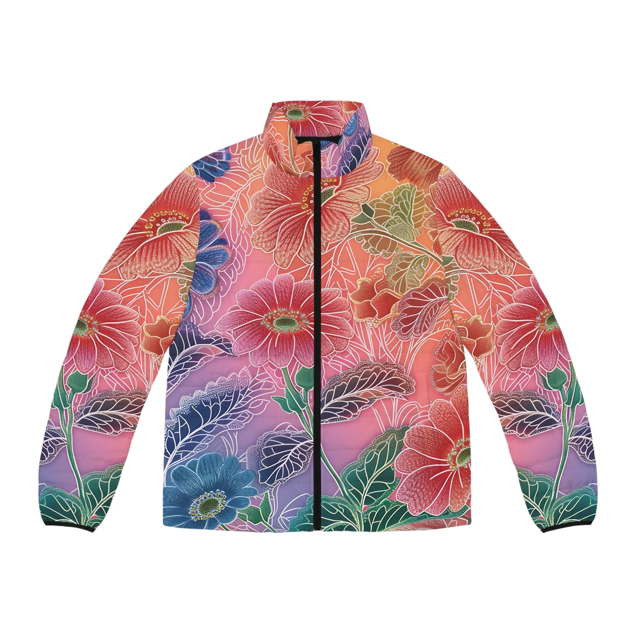 Vibrant Floral Puffer Jacket, Artsulli - Art is Long, Life is Short, All Over Prints, Size, S, Color, Black zipper, , , 29501258349918402420