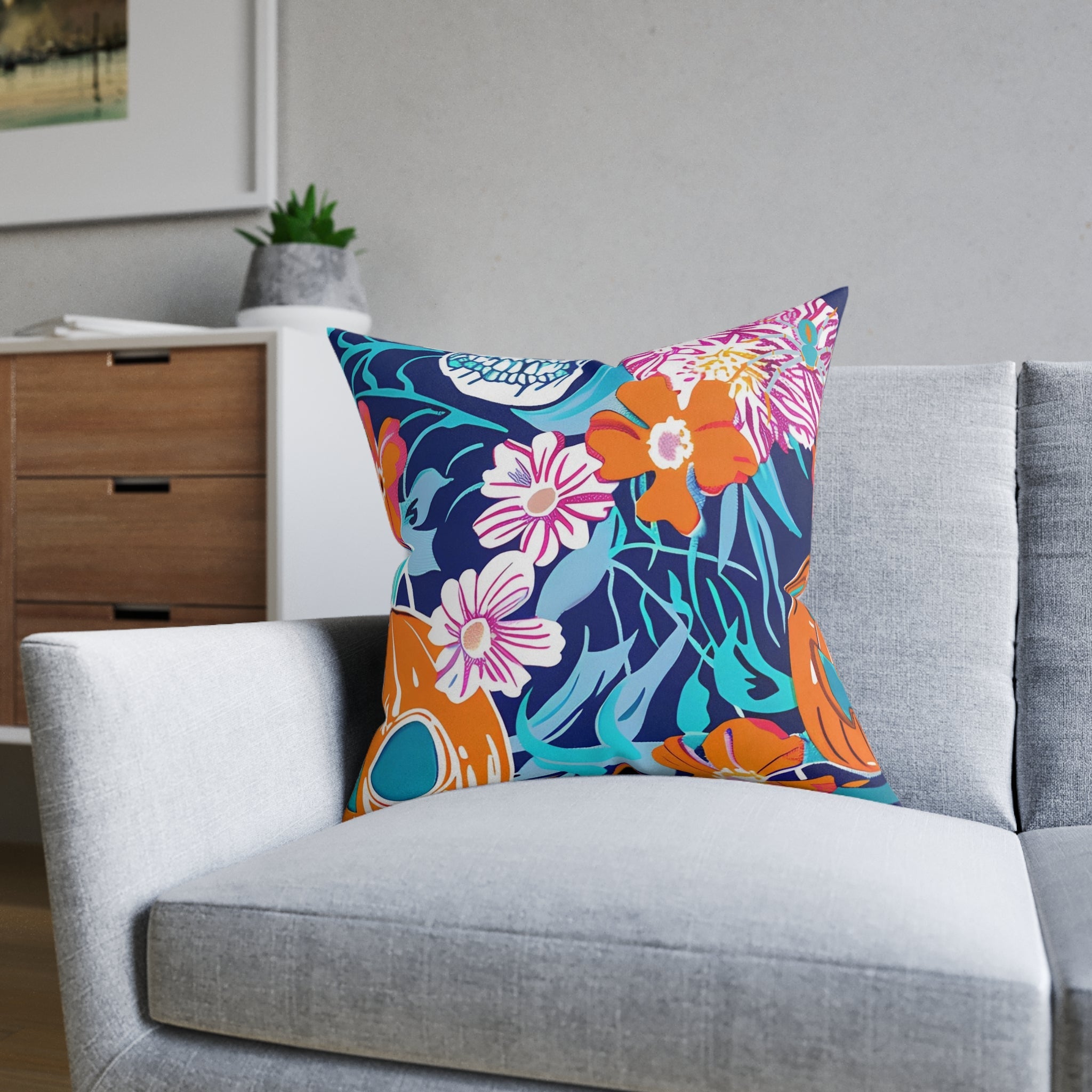 Vibrant Floral Skull Throw Pillow, Artsulli - Art is Long, Life is Short, Home Decor, , , , , , , 
