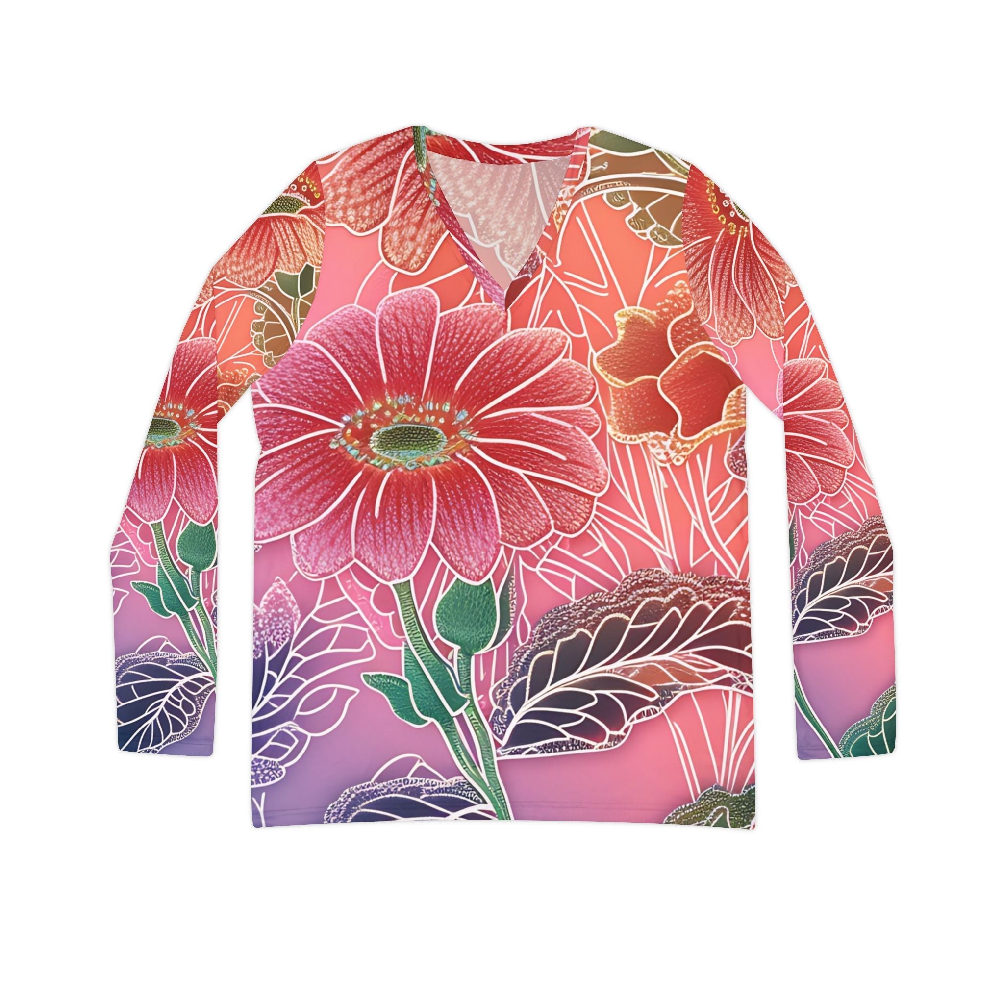 Printify Vibrant Floral V-Neck Long Sleeve Top 2025