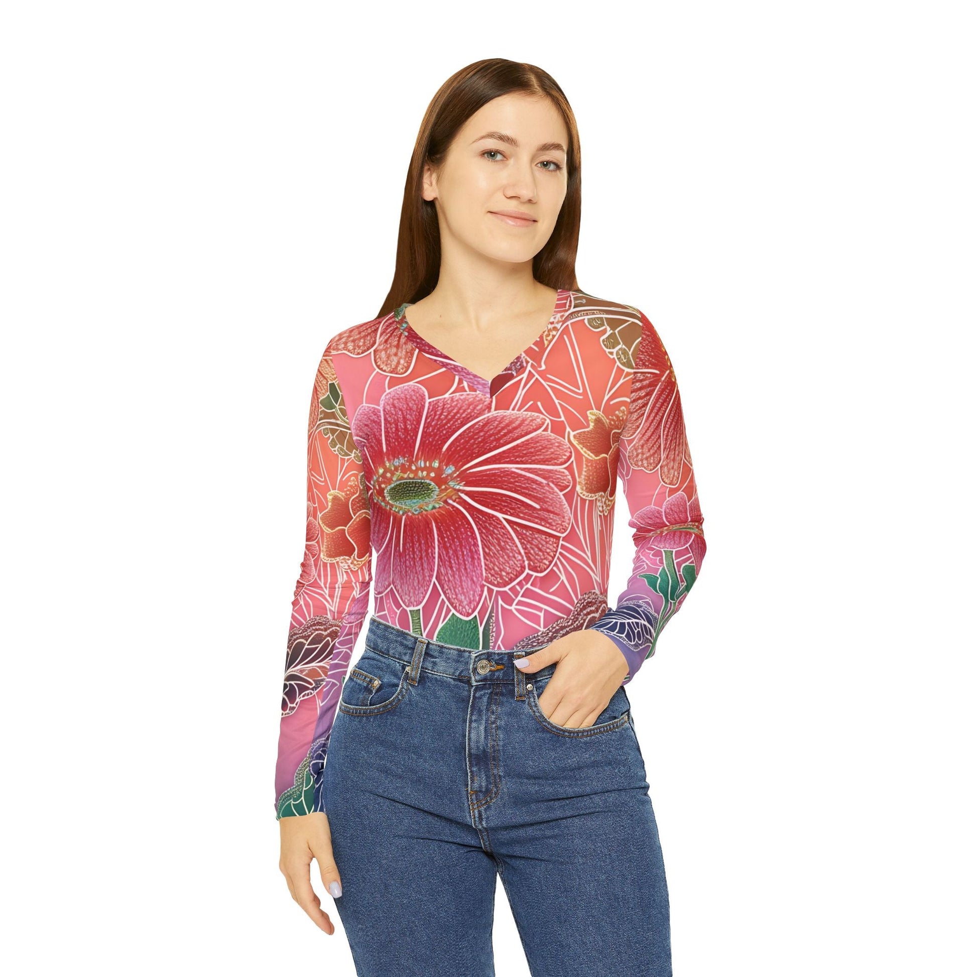 Vibrant Floral V-Neck Long Sleeve Top, Artsulli - Art is Long, Life is Short, All Over Prints, , , , , , , 