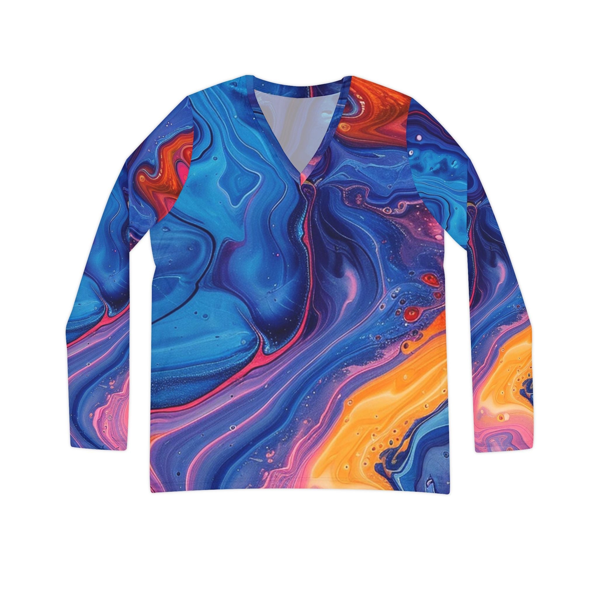 Printify Vibrant Marble V-Neck Long Sleeve Top 2025