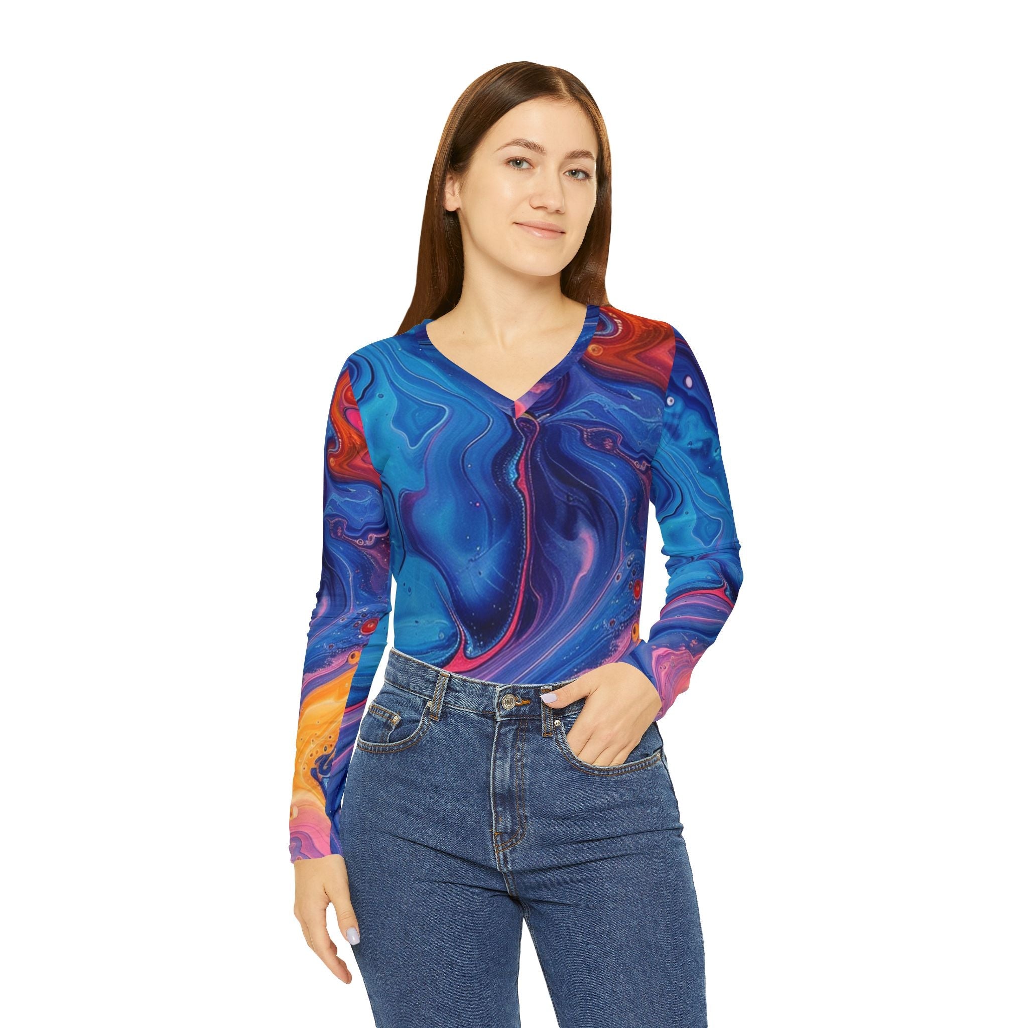Vibrant Marble V-Neck Long Sleeve Top, Artsulli - Art is Long, Life is Short, All Over Prints, , , , , , , 