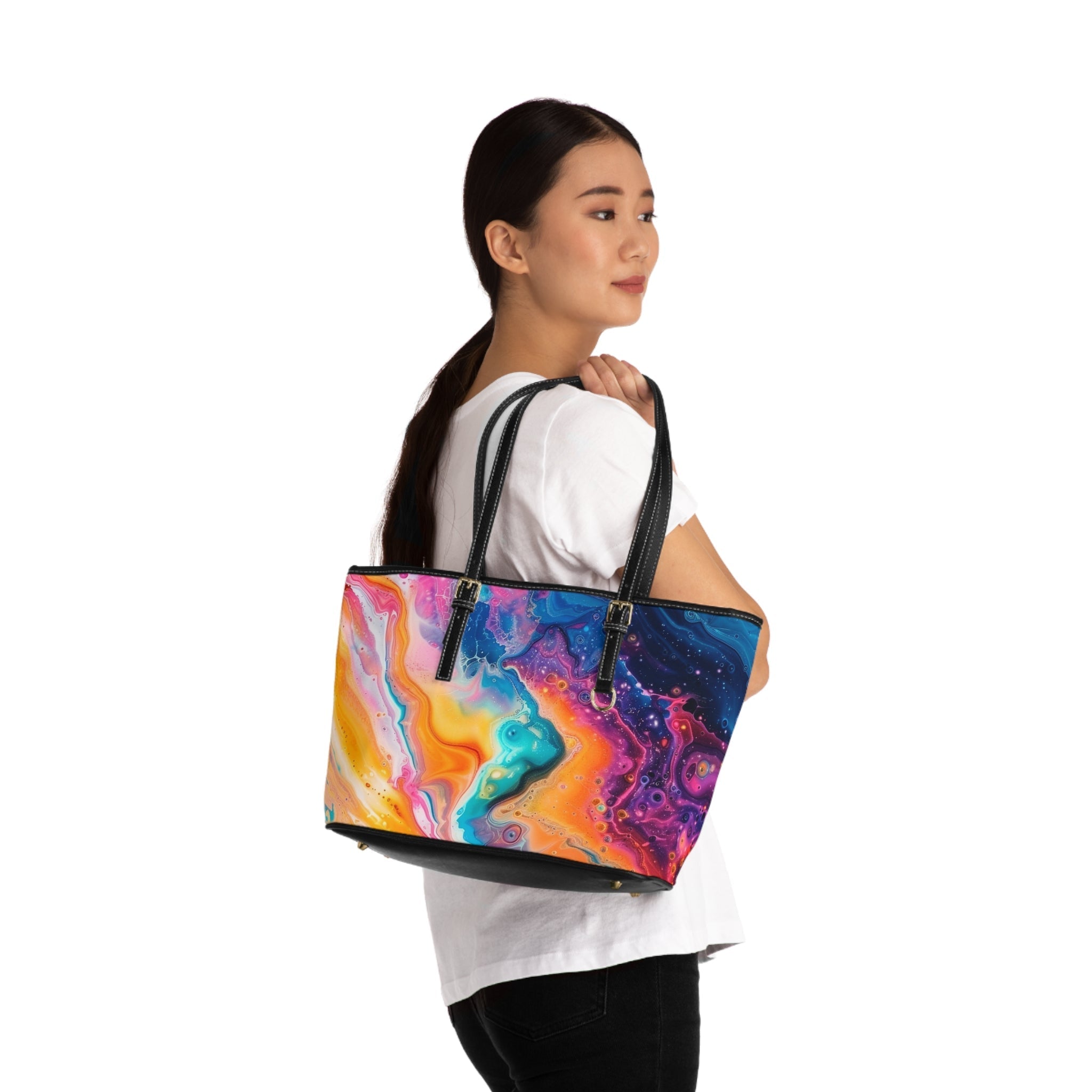 Printify Vibrant Marbled Leather Tote Bag 2025