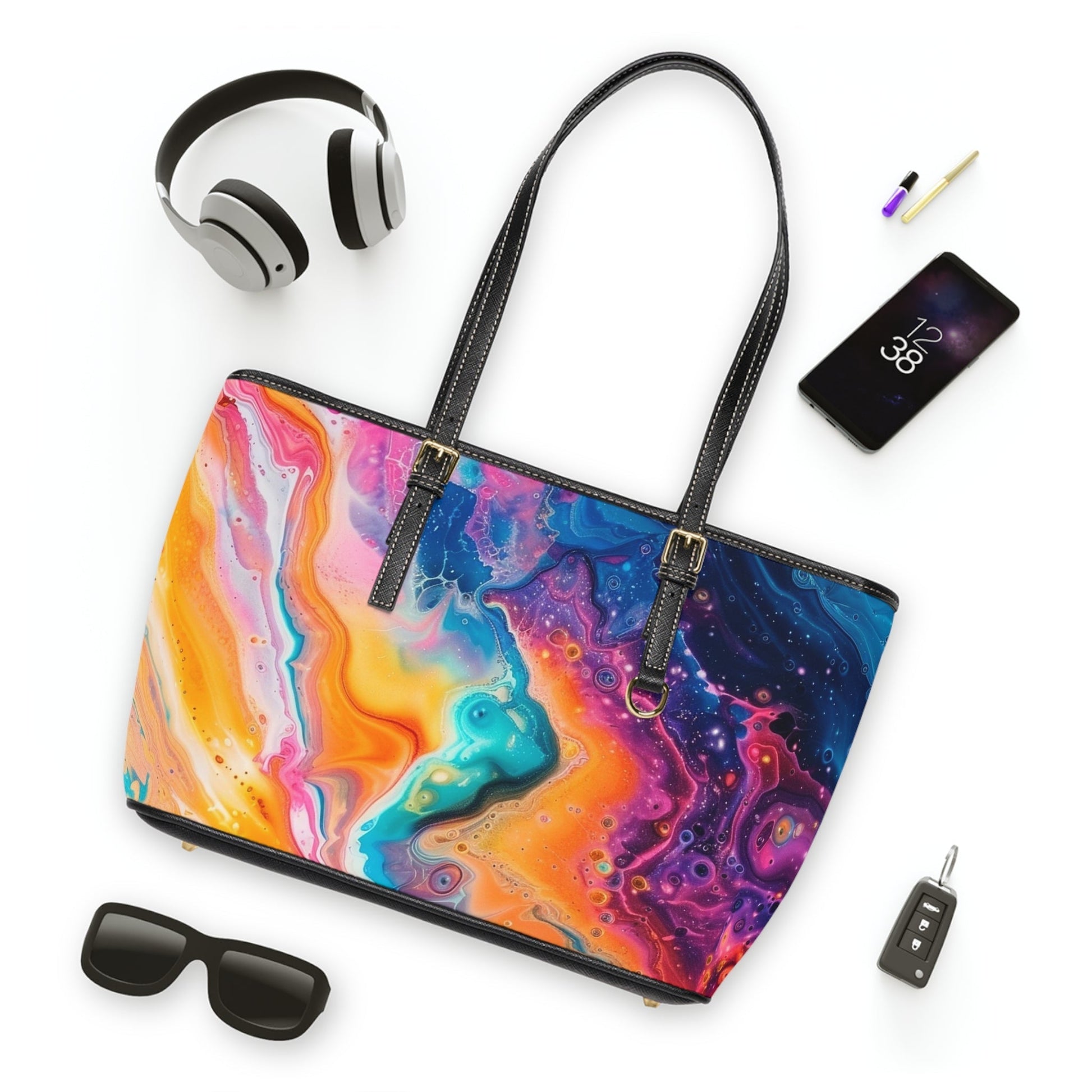 Printify Vibrant Marbled Leather Tote Bag 2025