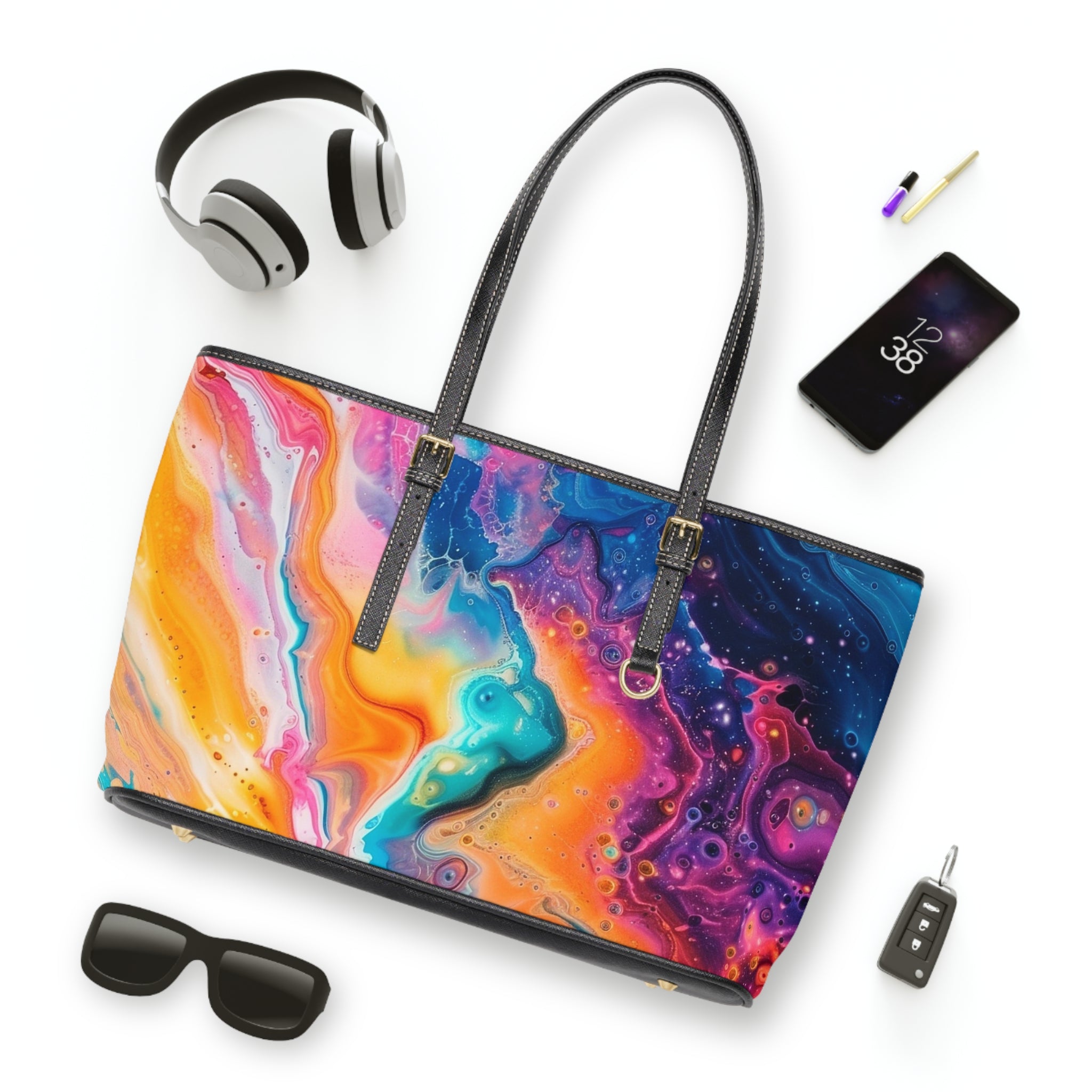 Printify Vibrant Marbled Leather Tote Bag 2025