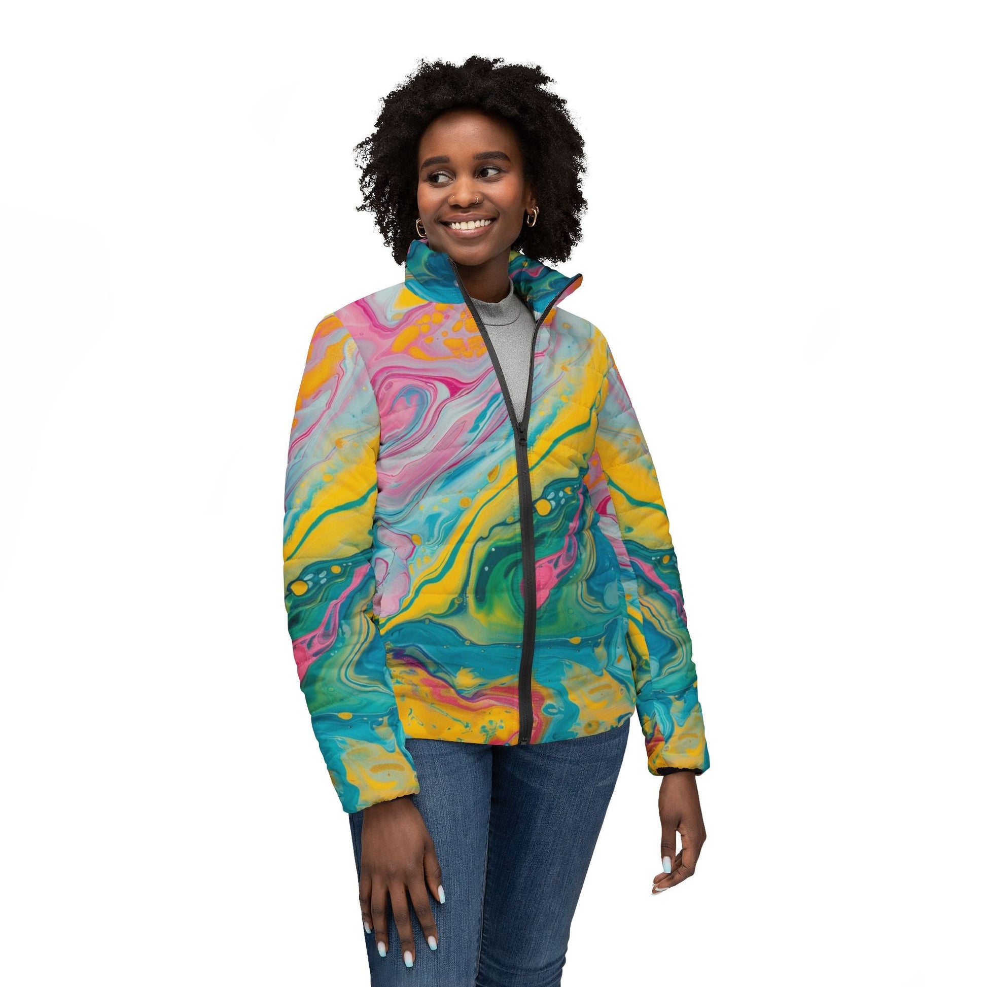 Vibrant Marbled Puffer Jacket, Artsulli - Art is Long, Life is Short, All Over Prints, , , , , , , 