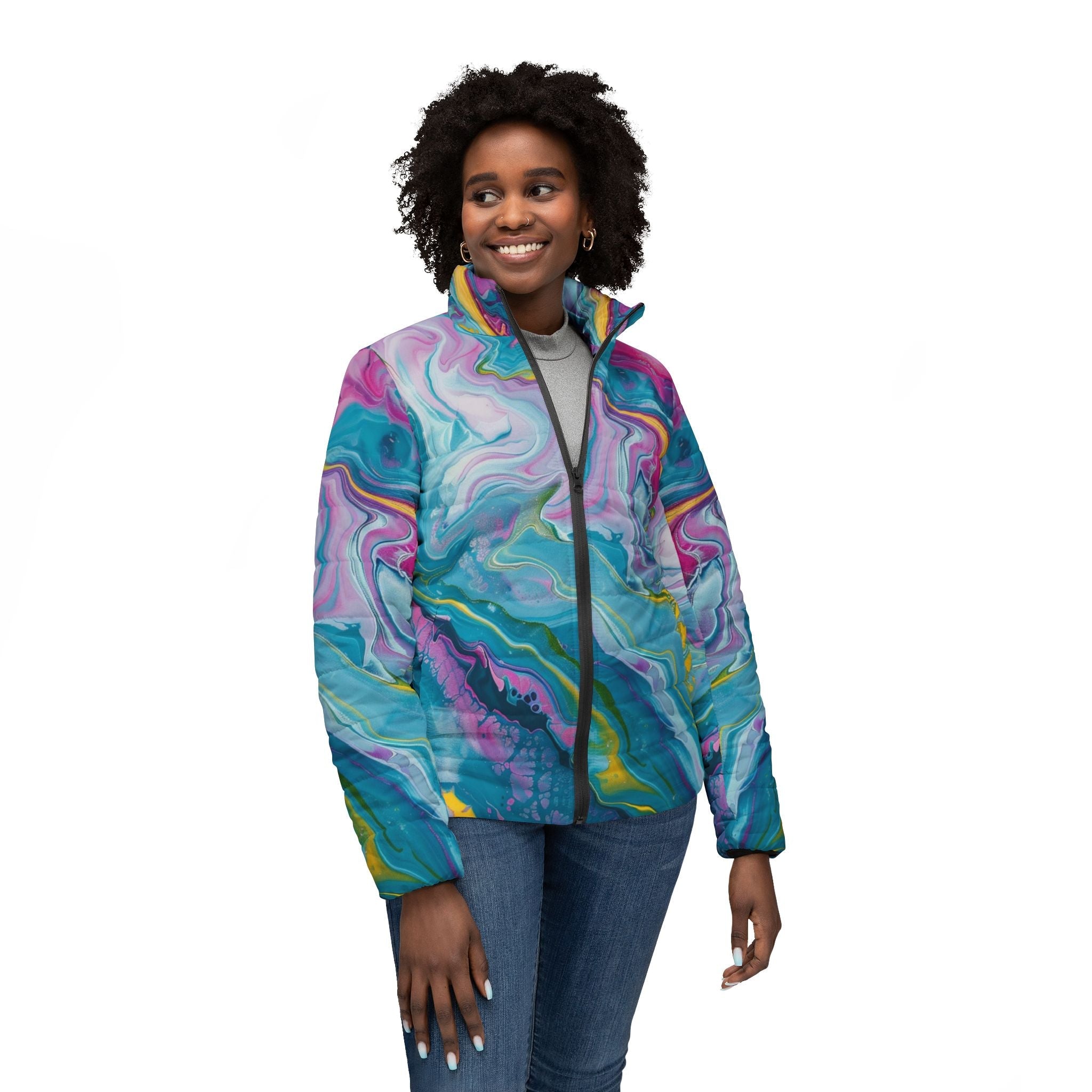 Vibrant Marbled Puffer Jacket, Artsulli - Art is Long, Life is Short, All Over Prints, , , , , , , 