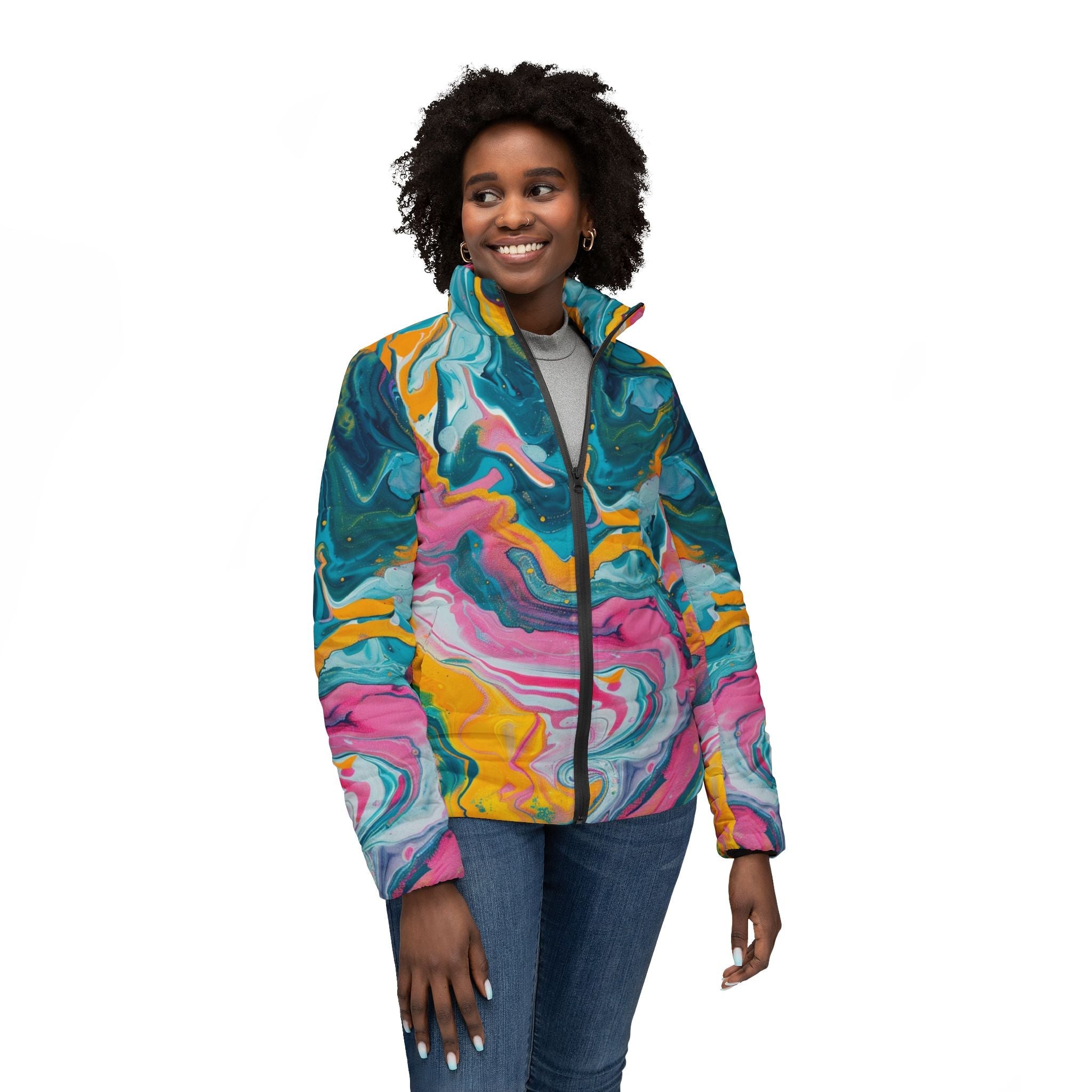 Vibrant Marbled Puffer Jacket, Artsulli - Art is Long, Life is Short, All Over Prints, , , , , , , 