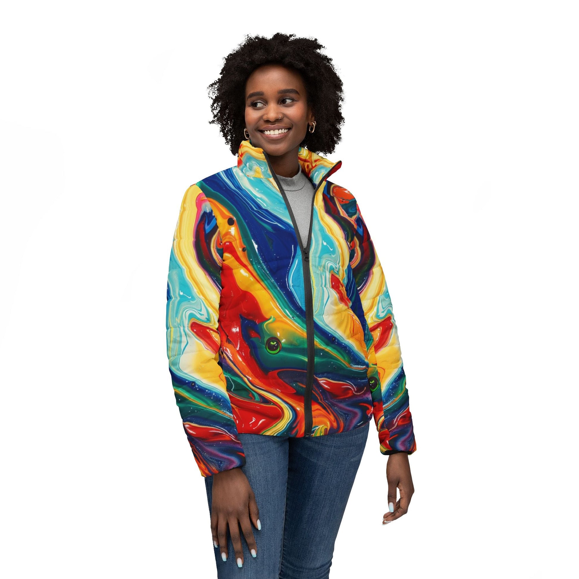 Vibrant Patterned Puffer Jacket, Artsulli - Art is Long, Life is Short, All Over Prints, , , , , , , 