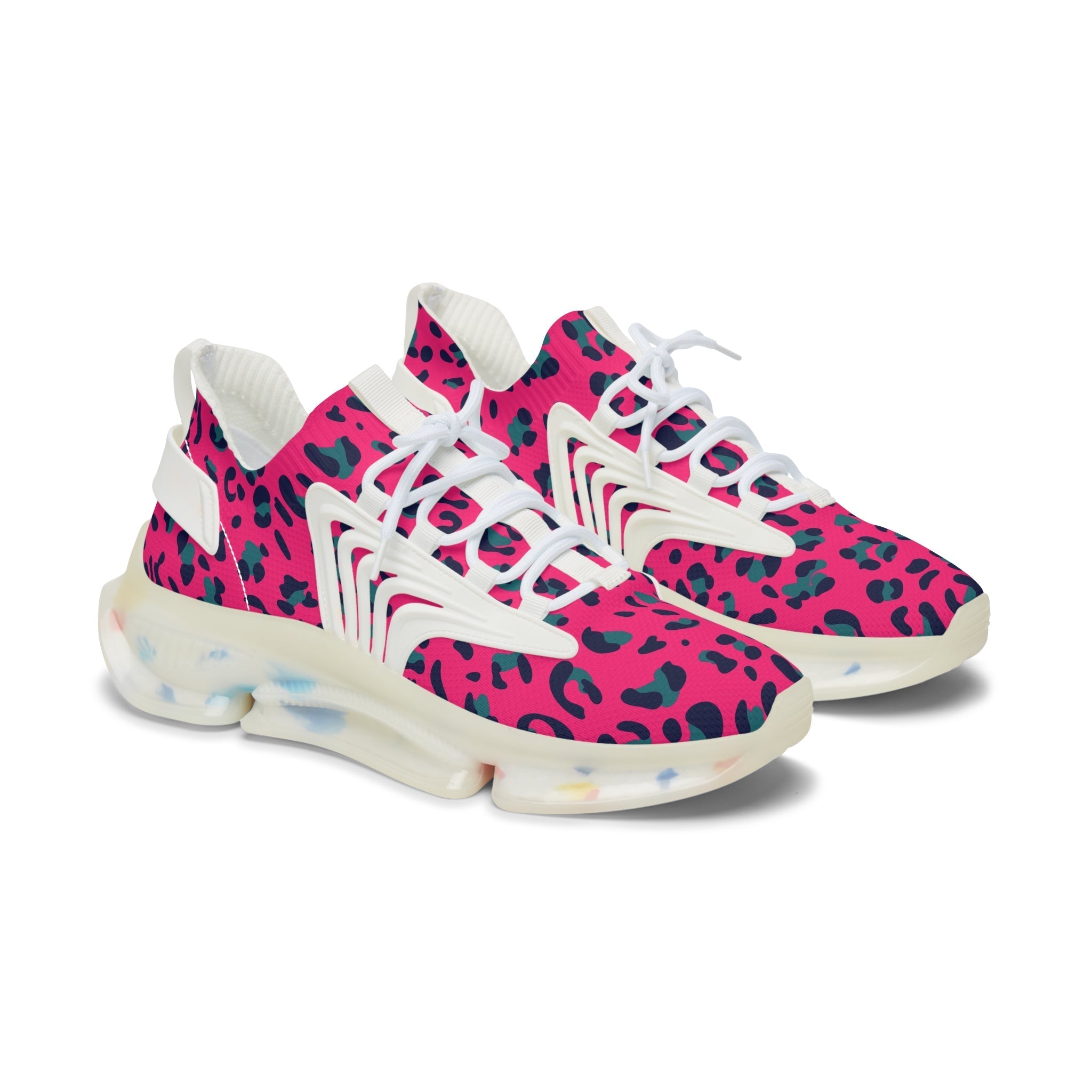 Vibrant Pink and Blue Leopard Print Mesh Sneakers, Artsulli - Art is Long, Life is Short, Shoes, Color, White sole, Size, US 5.5, , , 23004725762316358552