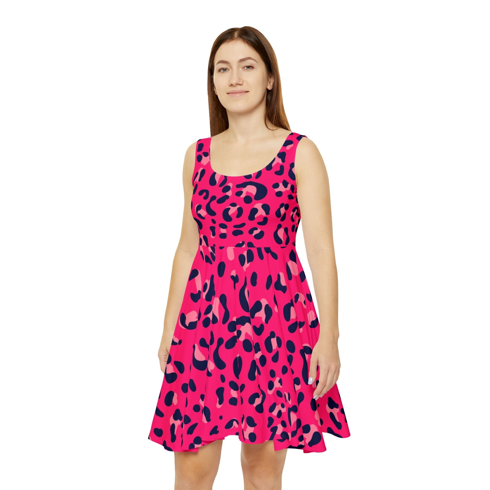Vibrant Pink and Blue Leopard Skater Dress, Artsulli - Art is Long, Life is Short, All Over Prints, , , , , , , 
