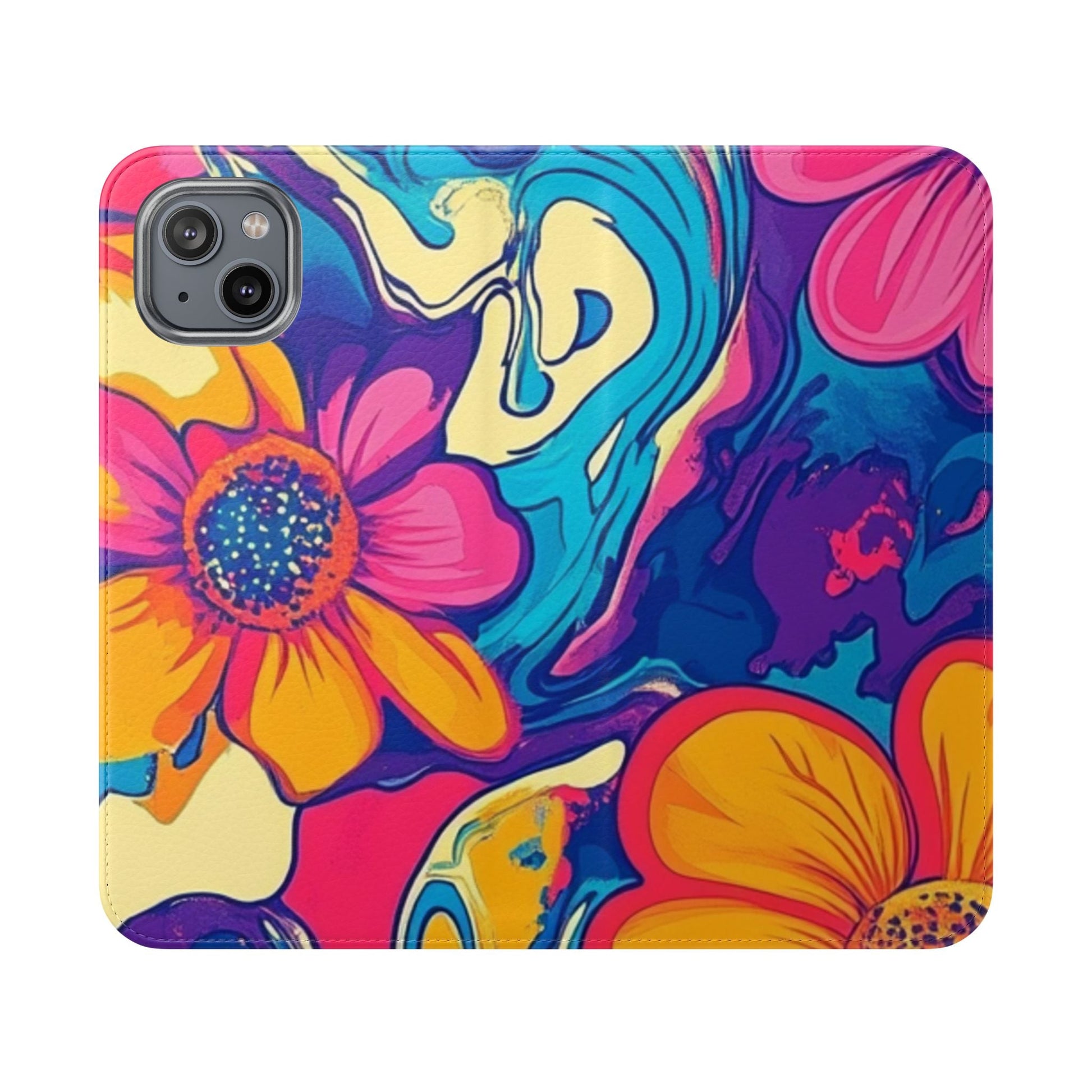 Vibrant Psychedelic Floral Flip Cases, Artsulli - Art is Long, Life is Short, Phone Case, Size, iPhone 14 Plus, , , , , 23206685153860316684
