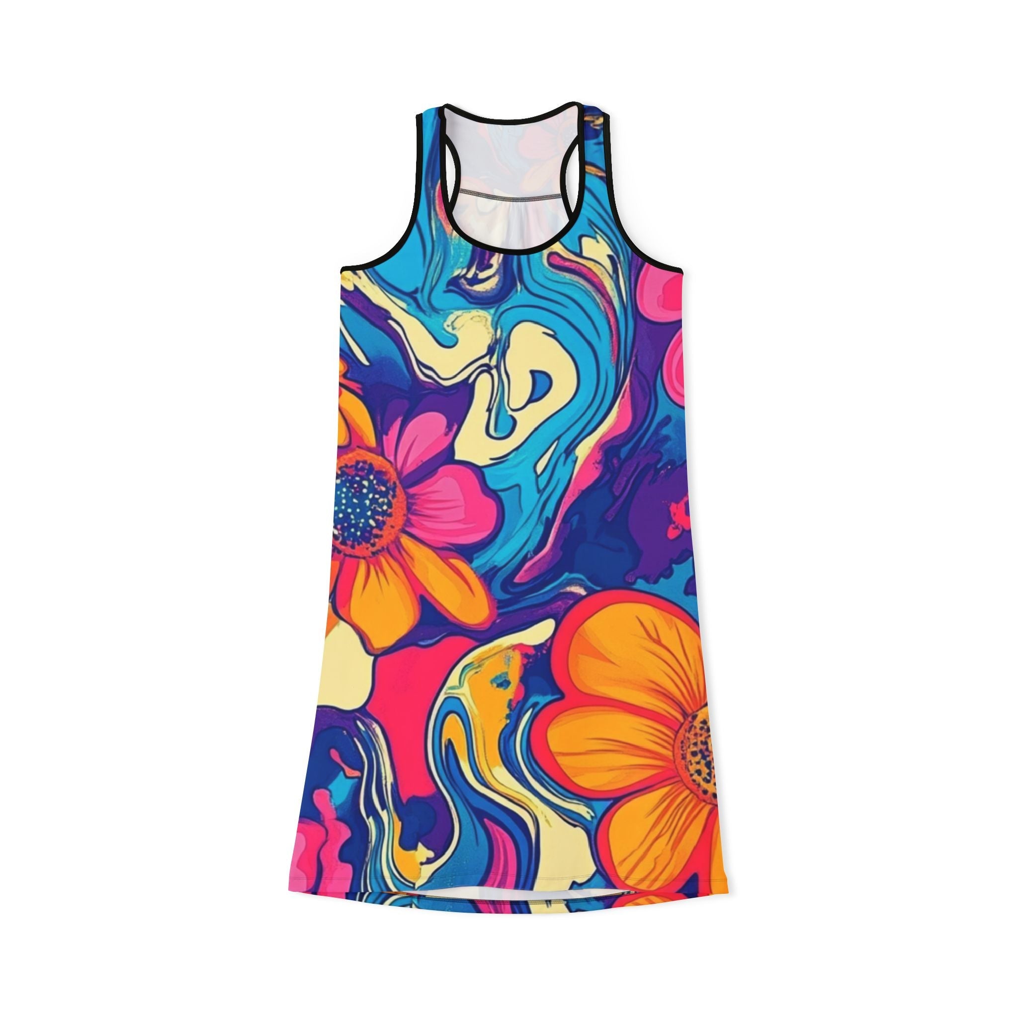Vibrant Psychedelic Floral Tank Dress, Artsulli - Art is Long, Life is Short, Tank Top, Size, XS, Color, Black, , , 74896724899281510813
