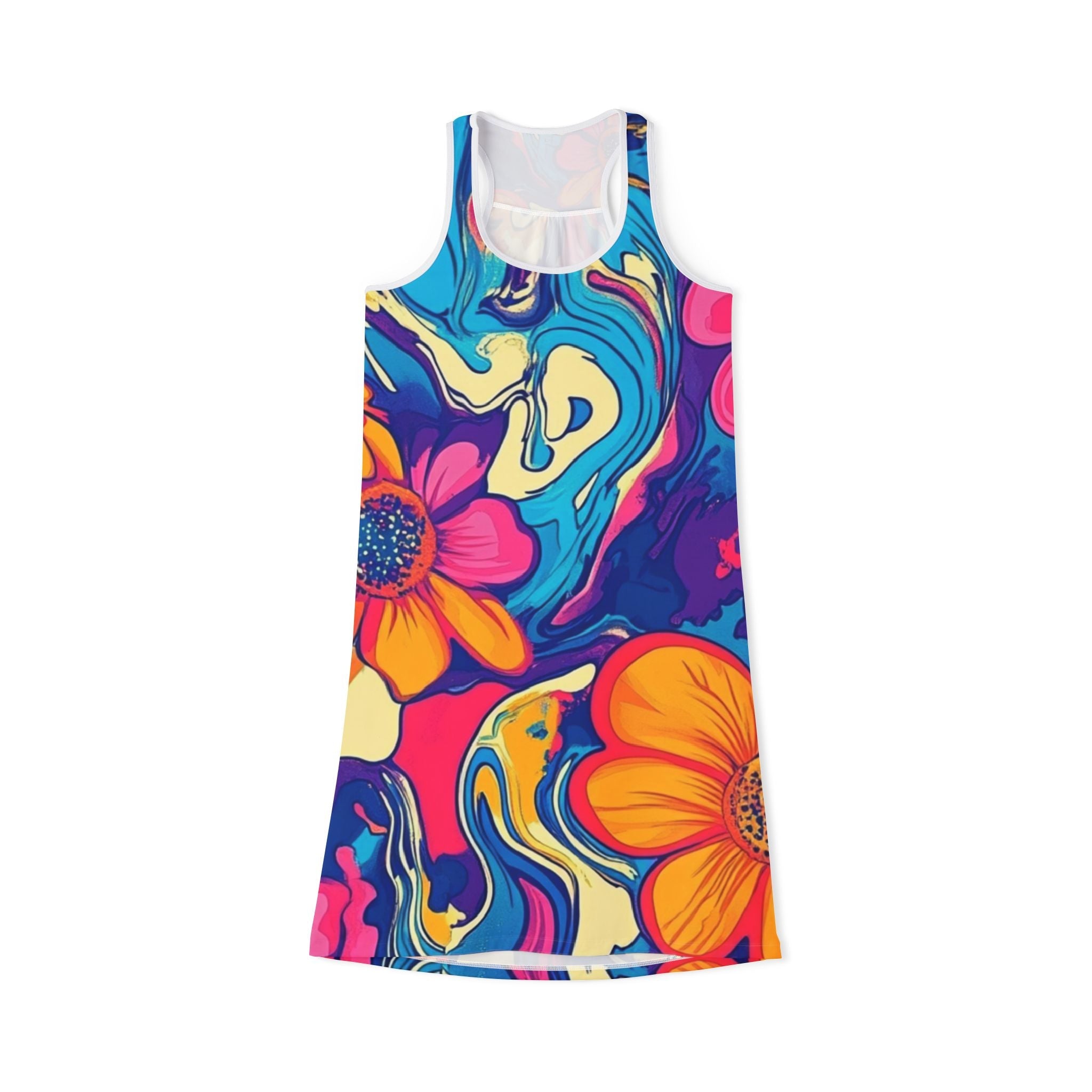 Vibrant Psychedelic Floral Tank Dress, Artsulli - Art is Long, Life is Short, Tank Top, Size, XS, Color, White, , , 33125999665587225629