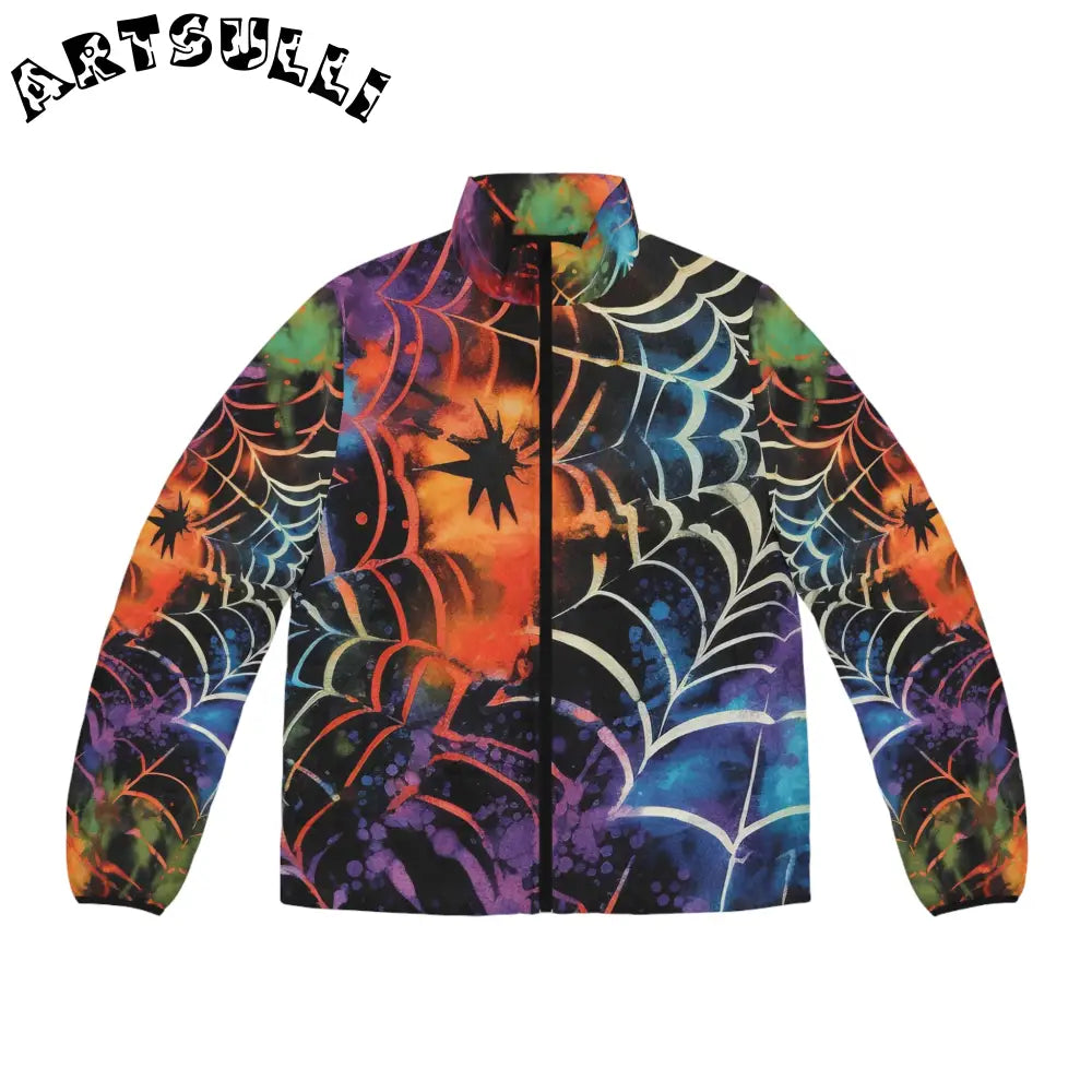 Vibrant Spider Web Puffer Jacket, Artsulli - Art is Long, Life is Short, All Over Prints, Size, S, Color, Black zipper, , , 22382053953281405111