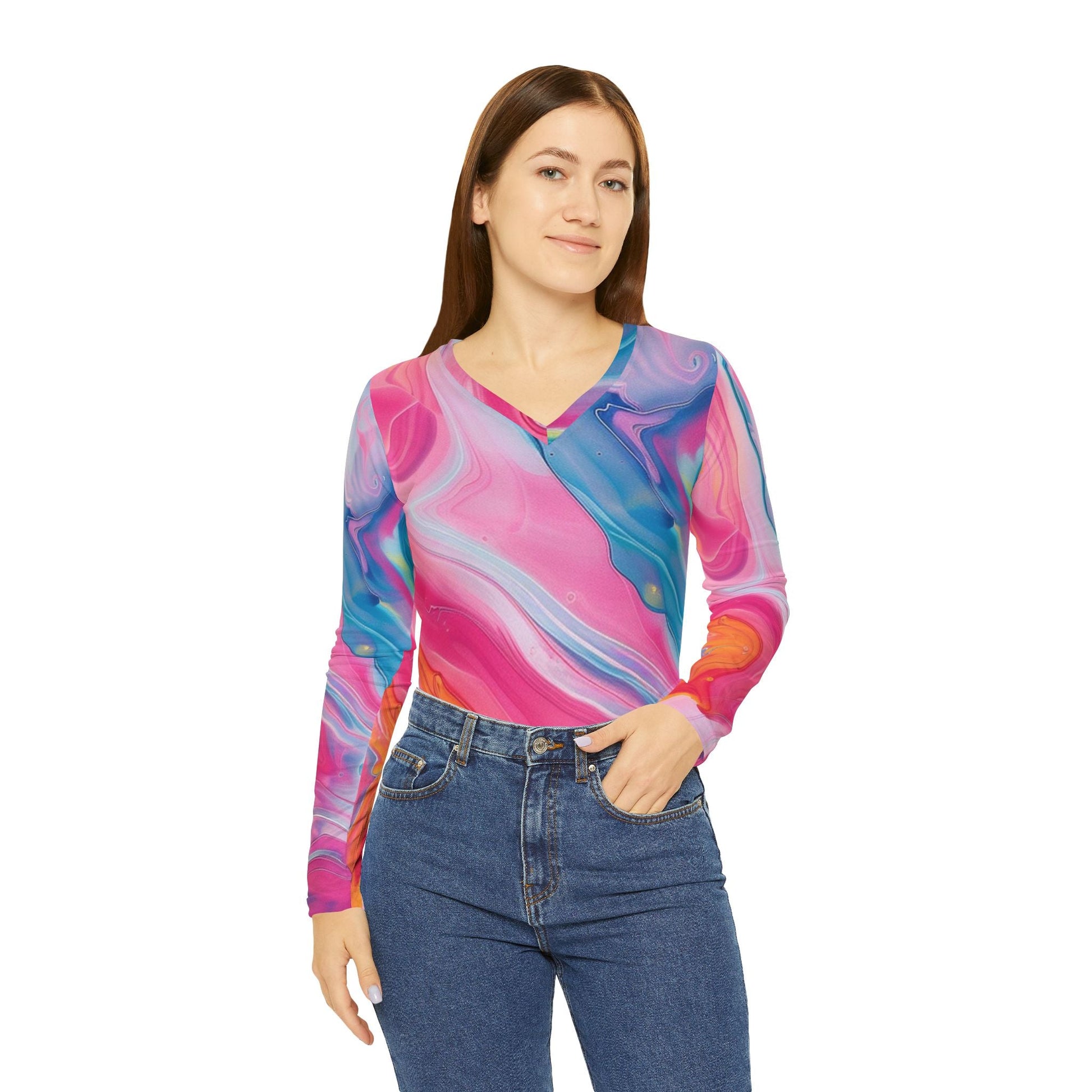 Vibrant Swirl V-Neck Long Sleeve Top, Artsulli - Art is Long, Life is Short, All Over Prints, , , , , , , 
