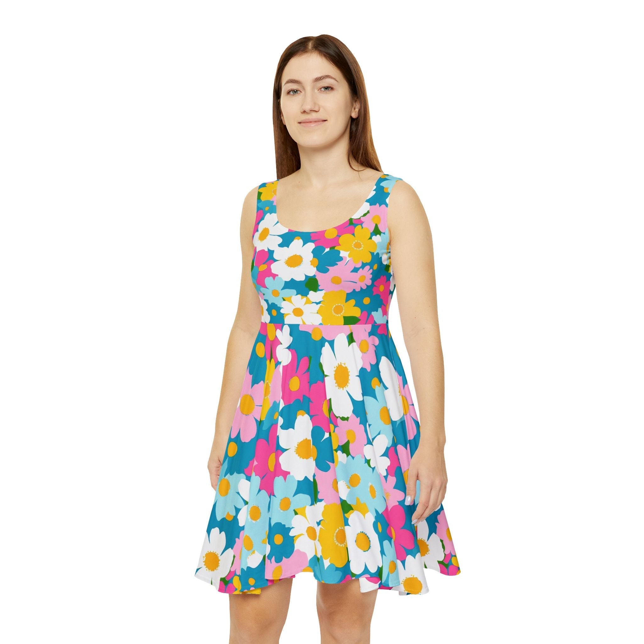 Vibrant Teal Floral Skater Dress, Artsulli - Art is Long, Life is Short, All Over Prints, , , , , , , 