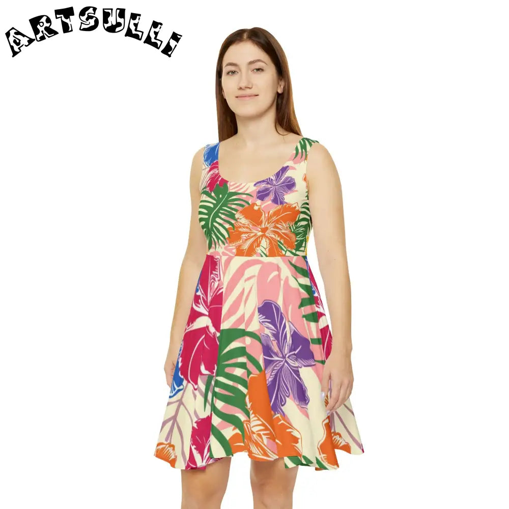 Vibrant Tropical Floral Skater Dress, Artsulli - Art is Long, Life is Short, All Over Prints, , , , , , , 